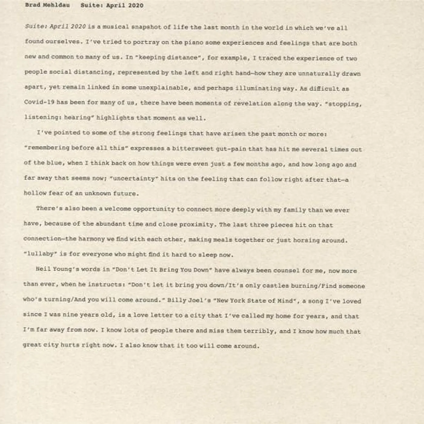 Brad Mehldau Suite: April 2020 Vinyl Record