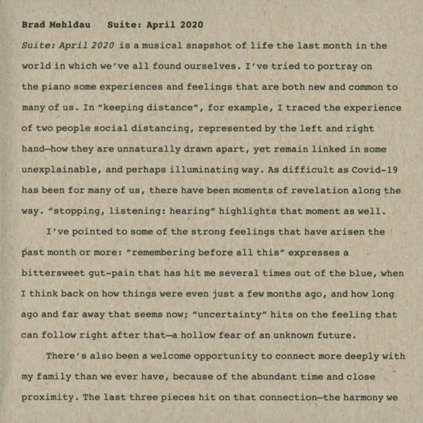 Brad Mehldau SUITE: APRIL 2020 CD