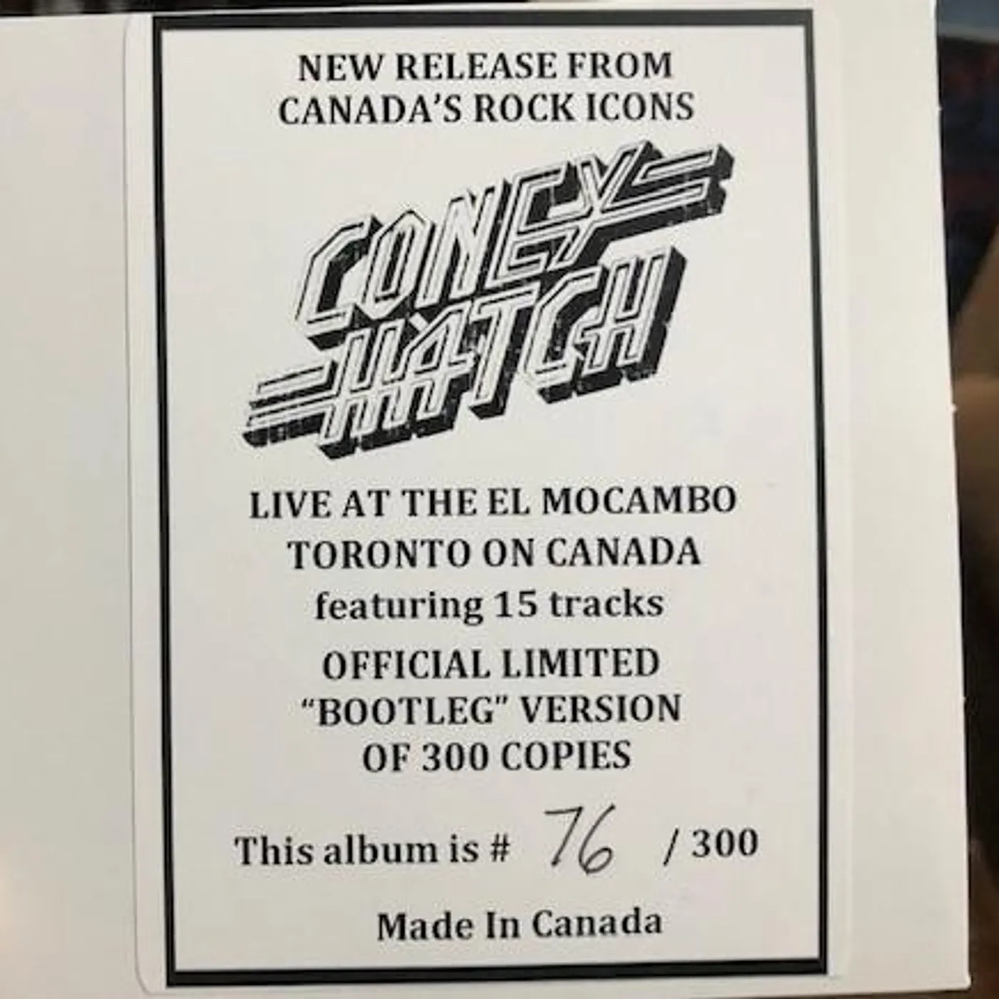 Coney Hatch LIVE AT THE EL MOCAMBO CD