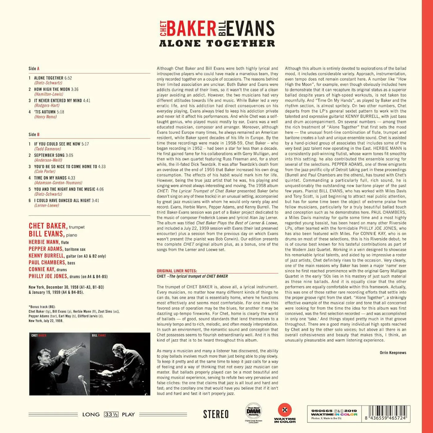 Chet Baker & Bill Evans Alone Together (Limited/180g/with 1 Bonus Track/Red) Vinyl Record