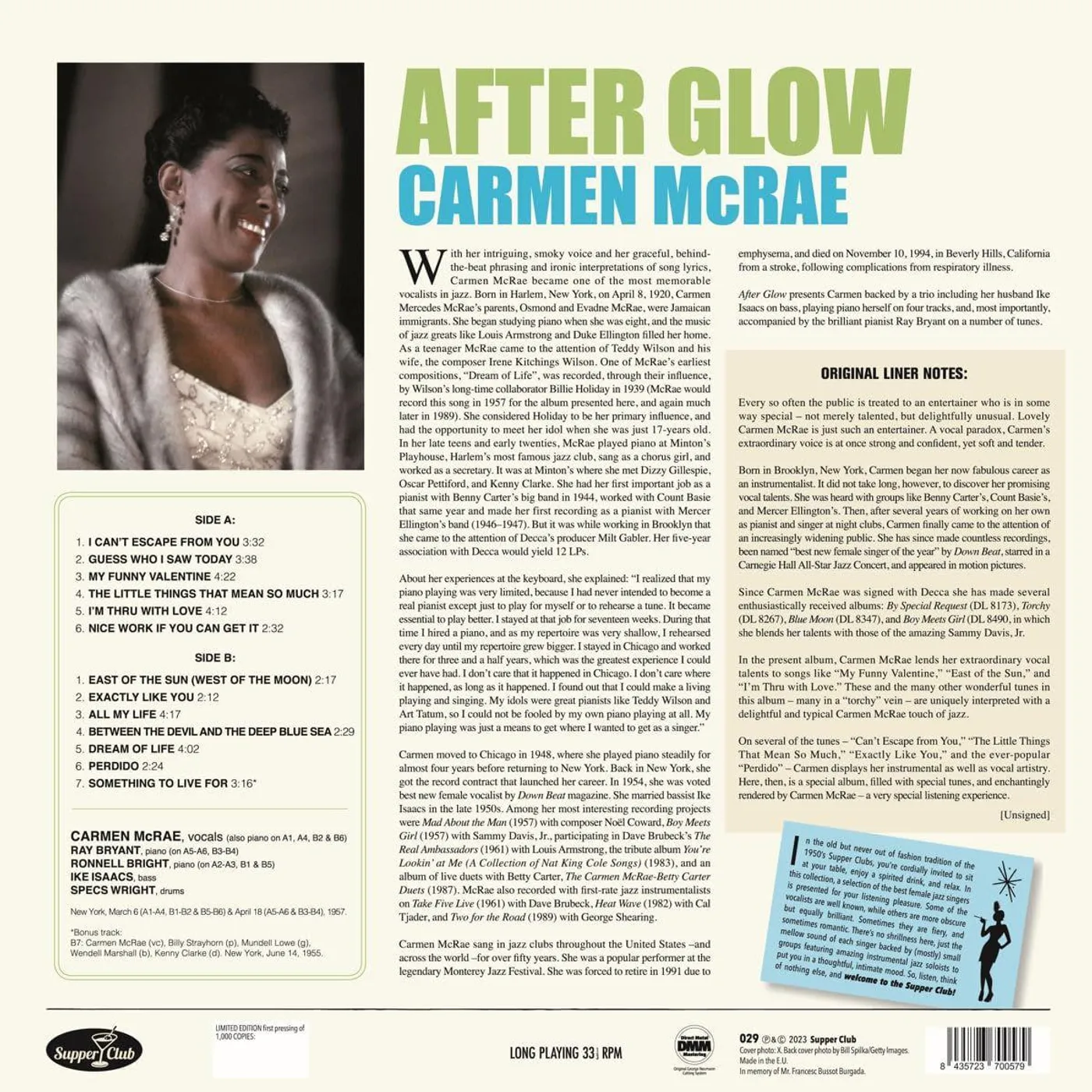 Carmen McRae AFTER GLOW Vinyl Record