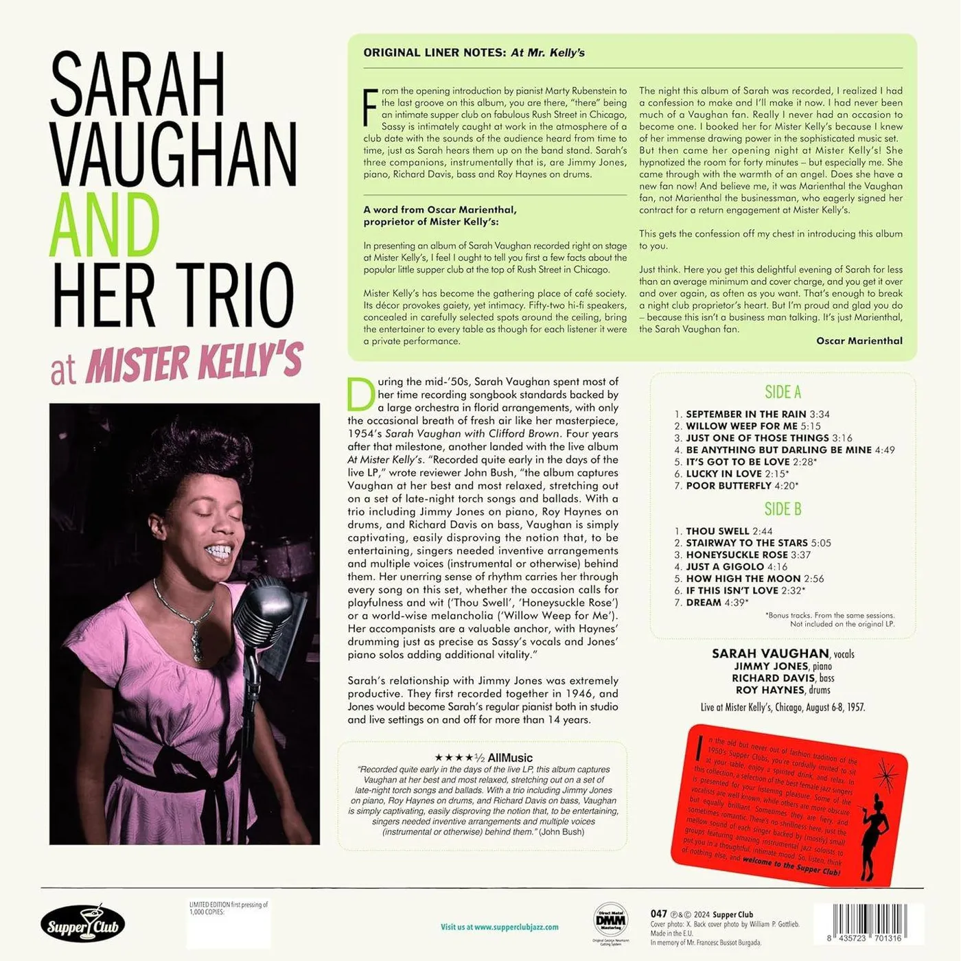 Sarah Vaughan & Her Trio At Mister Kelly's (Limited Tracks/180G) Vinyl Record