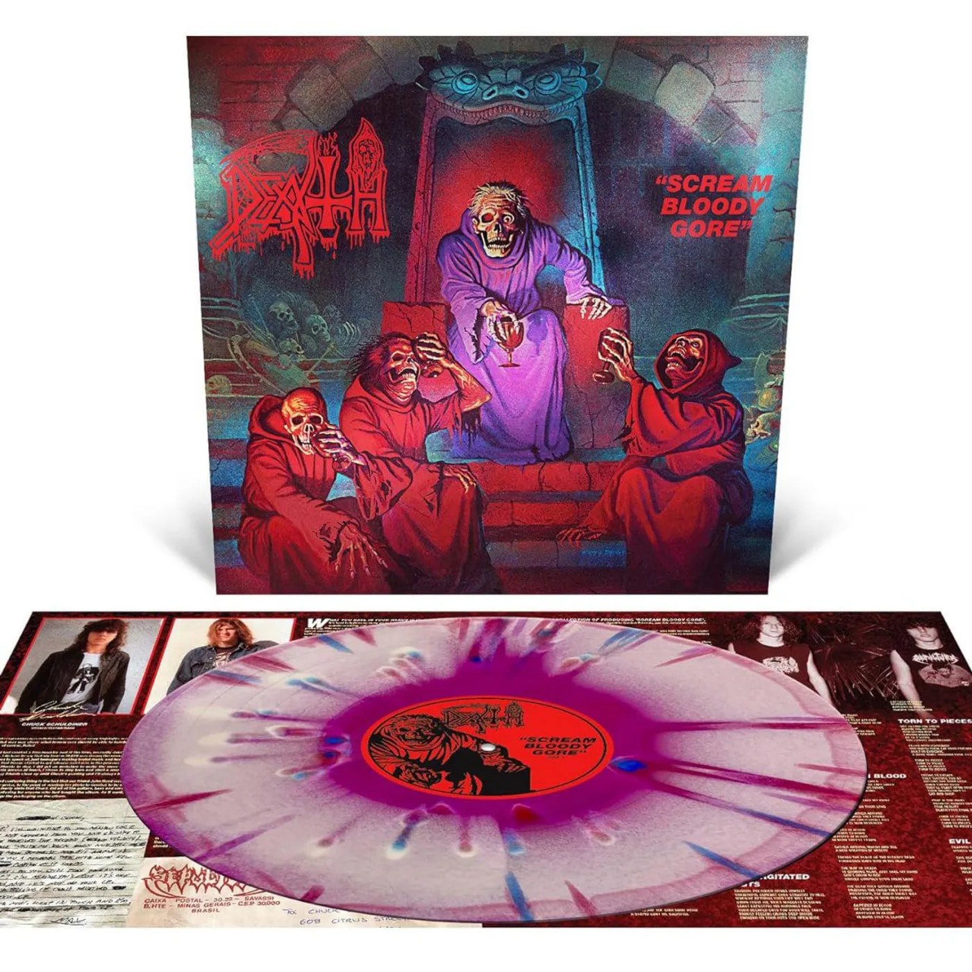 Death Scream Bloody Gore (Neon Violet, Bone White & Red Tri Color Merge w/ Splatter) Vinyl Record
