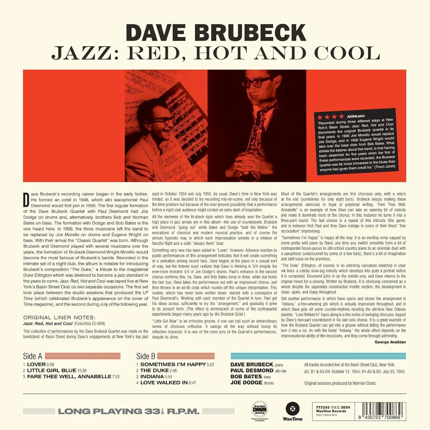 Dave Brubeck Jazz: Red Hot & Cool (Limited Edition, 180 Gram Pressing, Spain Release) Vinyl Record