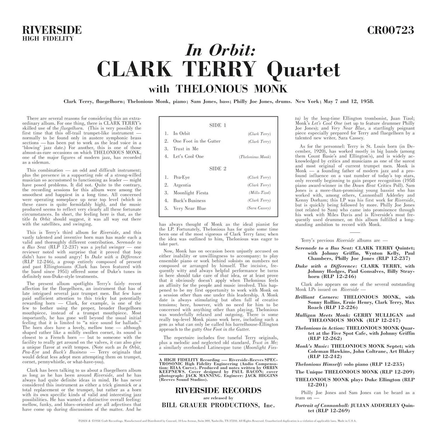 Clark Terry / Thelonious Monk In Orbit (Original Jazz Classics Series) Vinyl Record