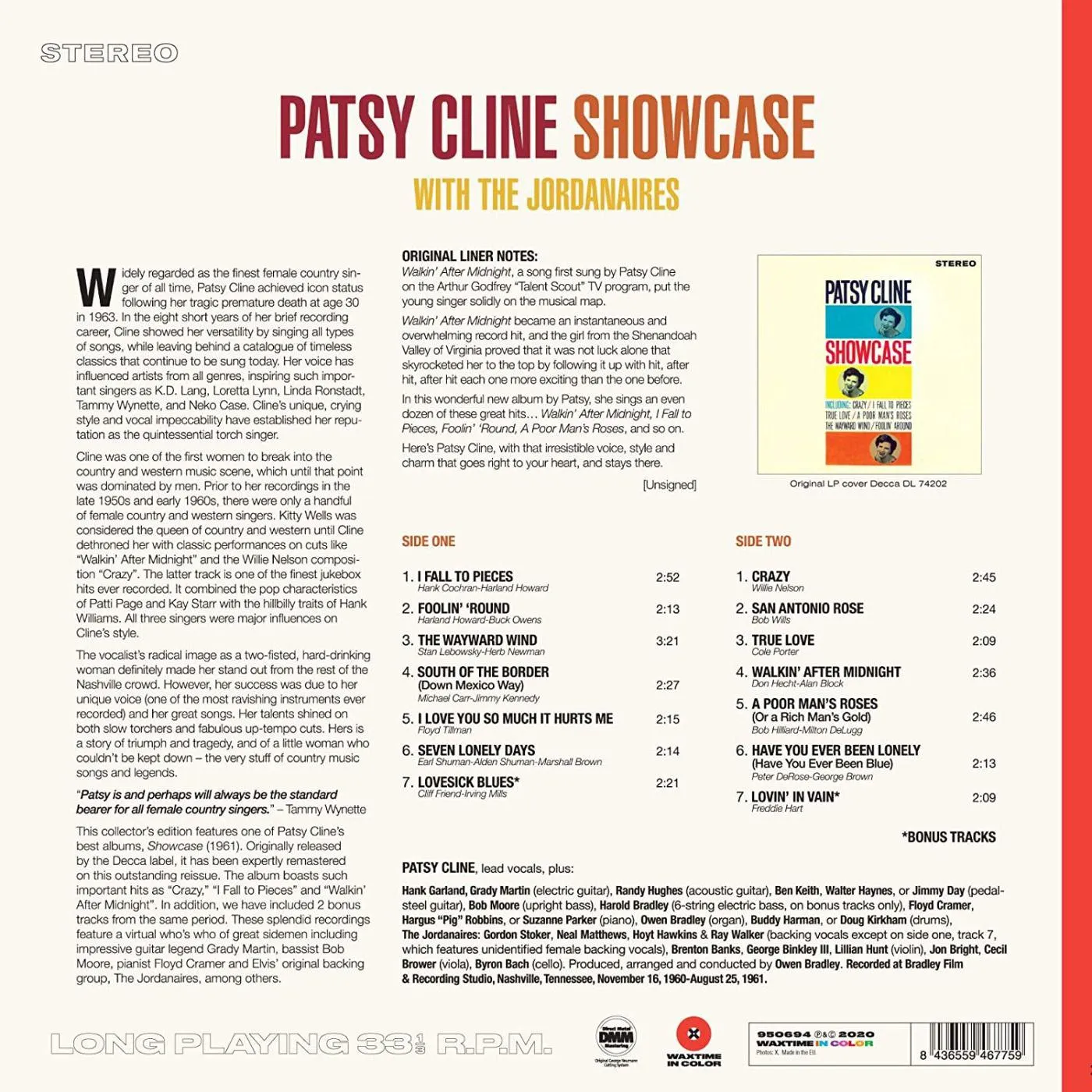 Patsy Cline Showcase (With The Jordanaires) Vinyl Record