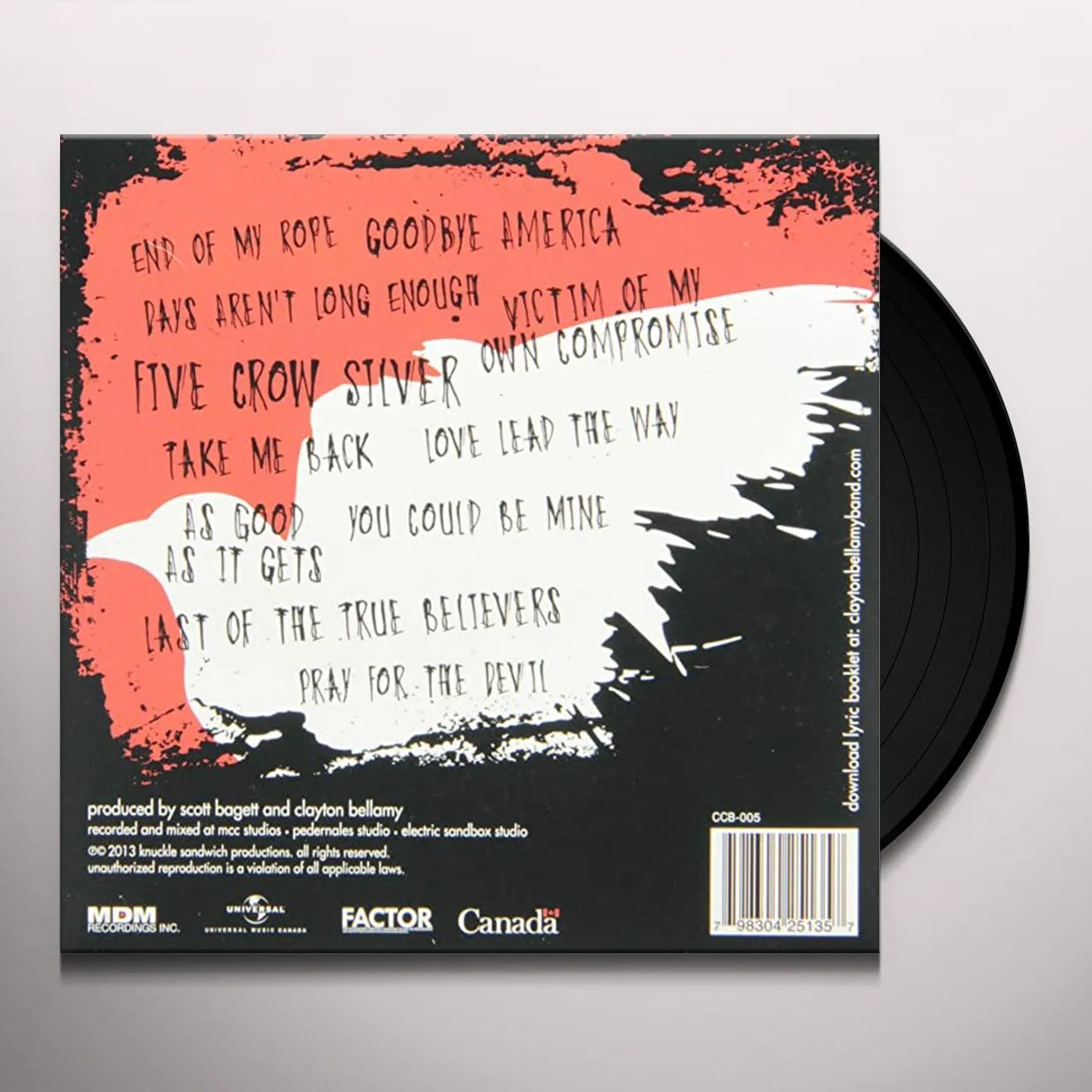 Clayton Bellamy FIVE CROW SILVER Vinyl Record - Canada Release