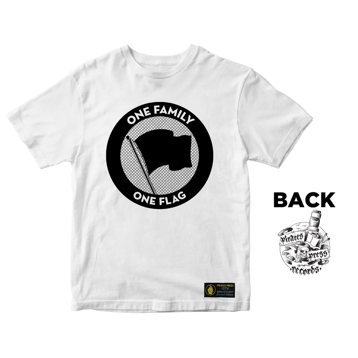 Pirates Press Records - One Family, One Flag - Black on White - 15 Year Tag - T-Shirt
