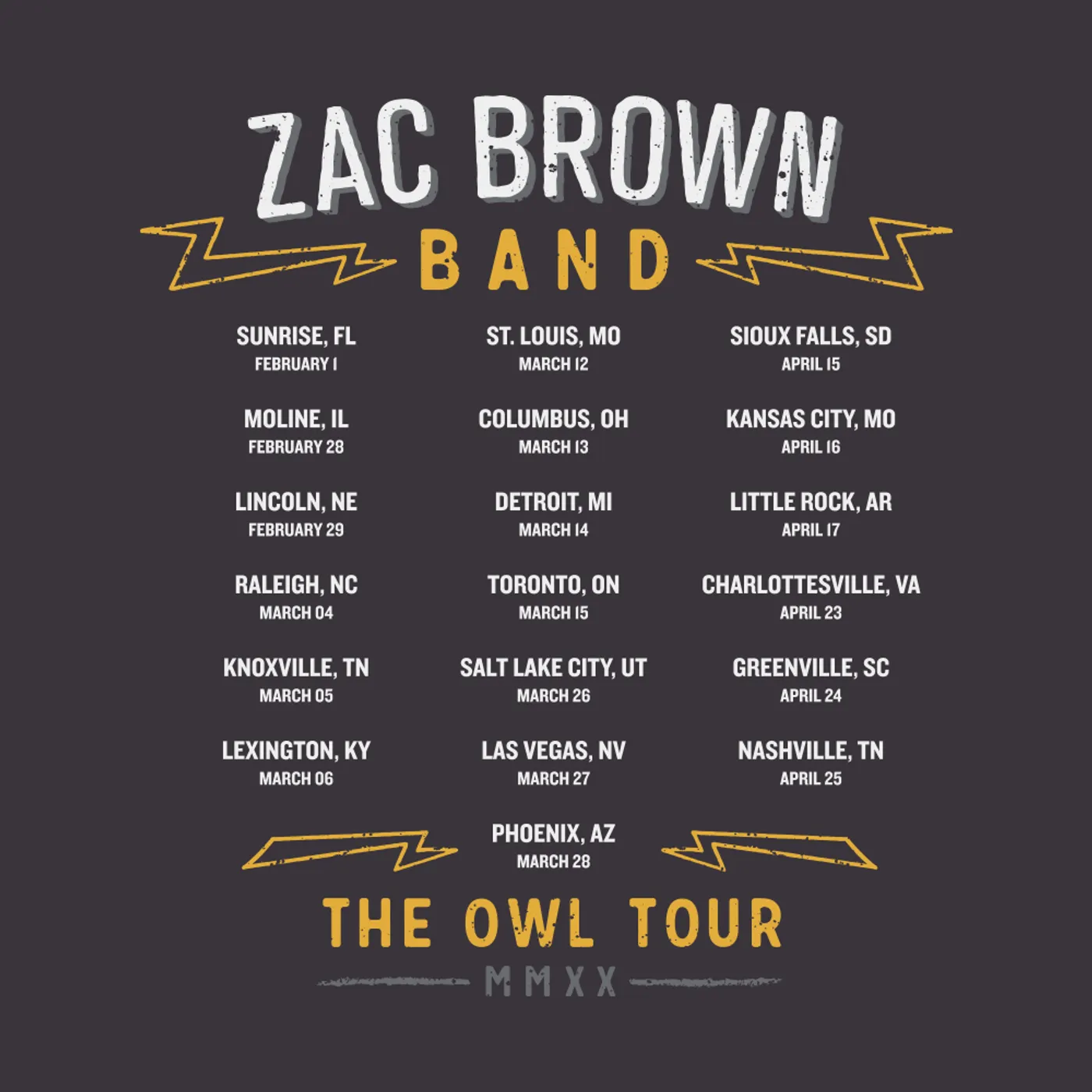 Zac Brown Band 2020 The Owl Tour T-Shirt - Lightning