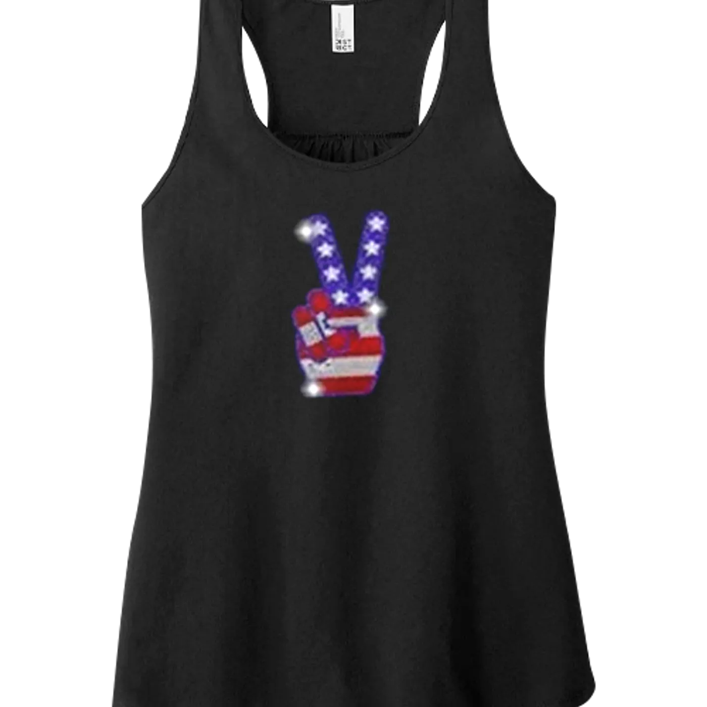 Rock and Roll Tshirts dot com Patriotic Peace Bling Flowy Racer Tank
