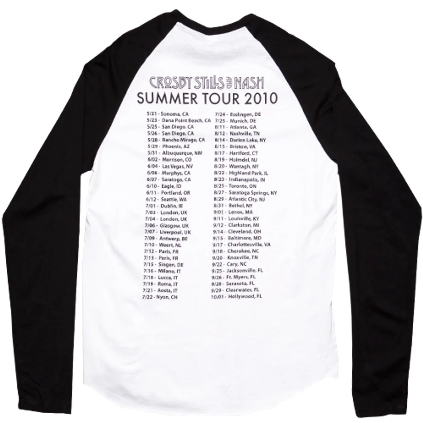 Crosby, Stills & Nash Crosby Sills and Nash "2010 Tour Itinerary" Long Sleeve Baseball Shirt