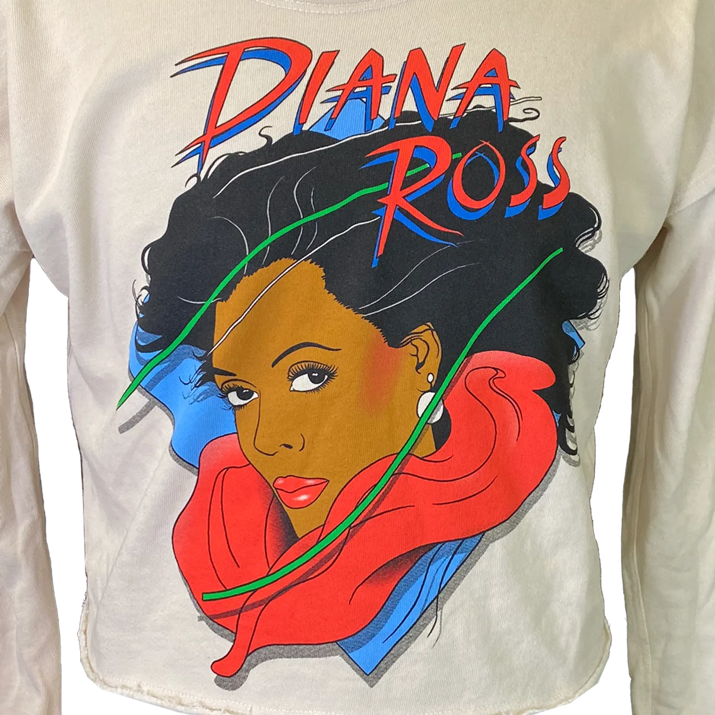 Diana Ross "Illustration" Long Sleeve Scoop Neck Raw Edge Crop Raglan