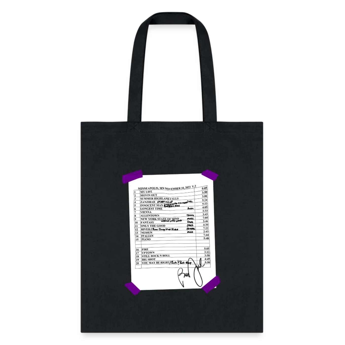 Billy Joel "11-10-23 MinnesotaSet List" Black Tote Bag Online Exclusive