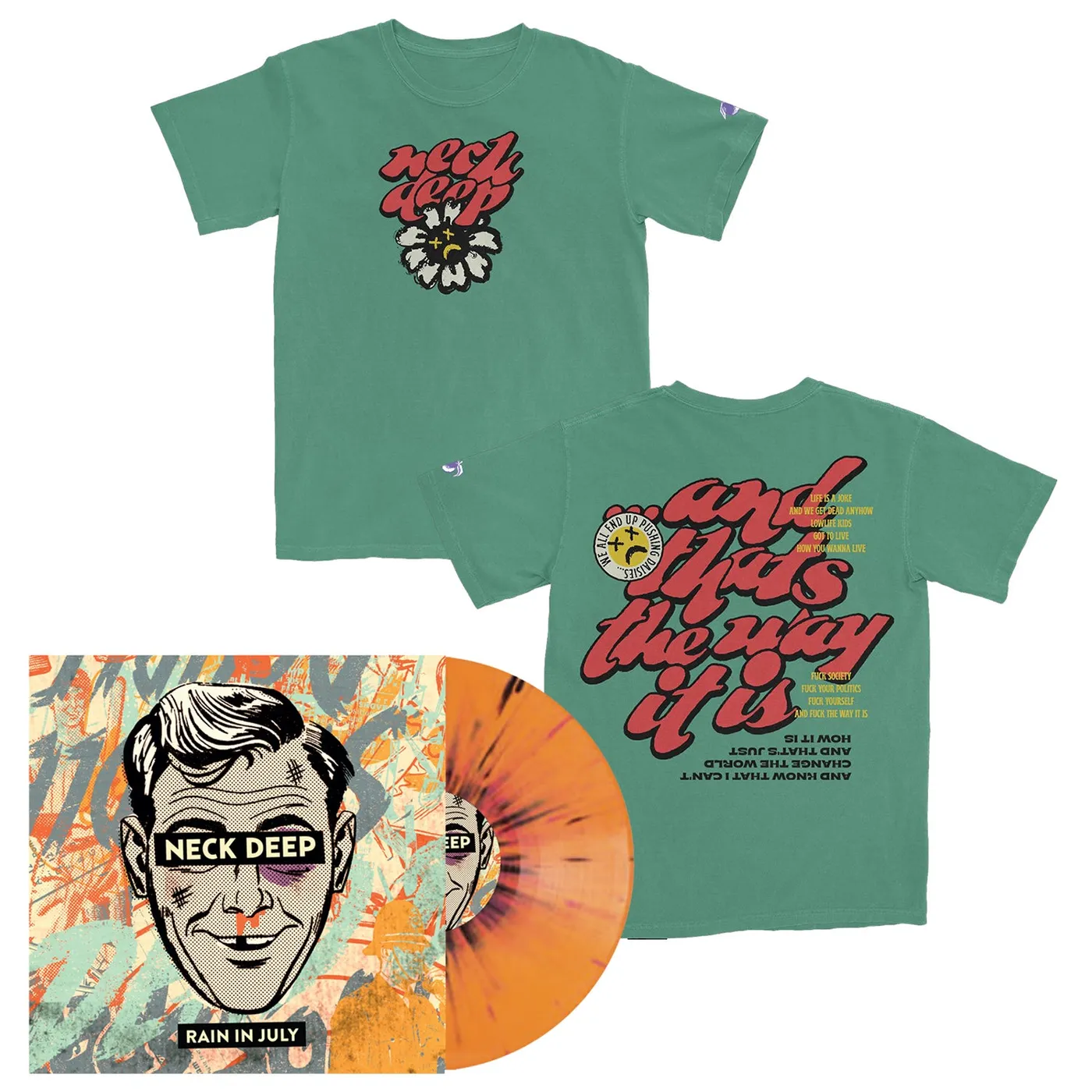 Neck Deep Rain In July 10yr Anniversary LP (Orange w/ Black & Pink Splatter) + Pushing Daisies T-Shirt