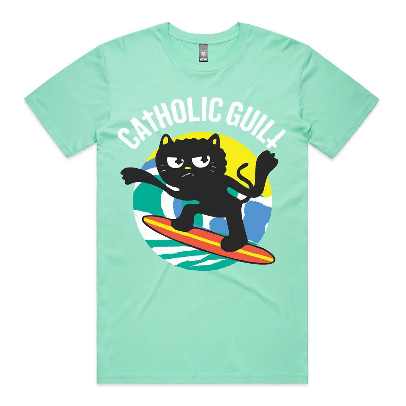 Catholic Guilt Surfing Lucy T-shirt (Aqua)