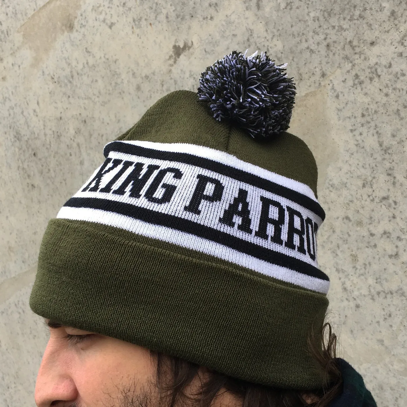 King Parrot Holed Up Pom Beanie (Army Green / White / Black)