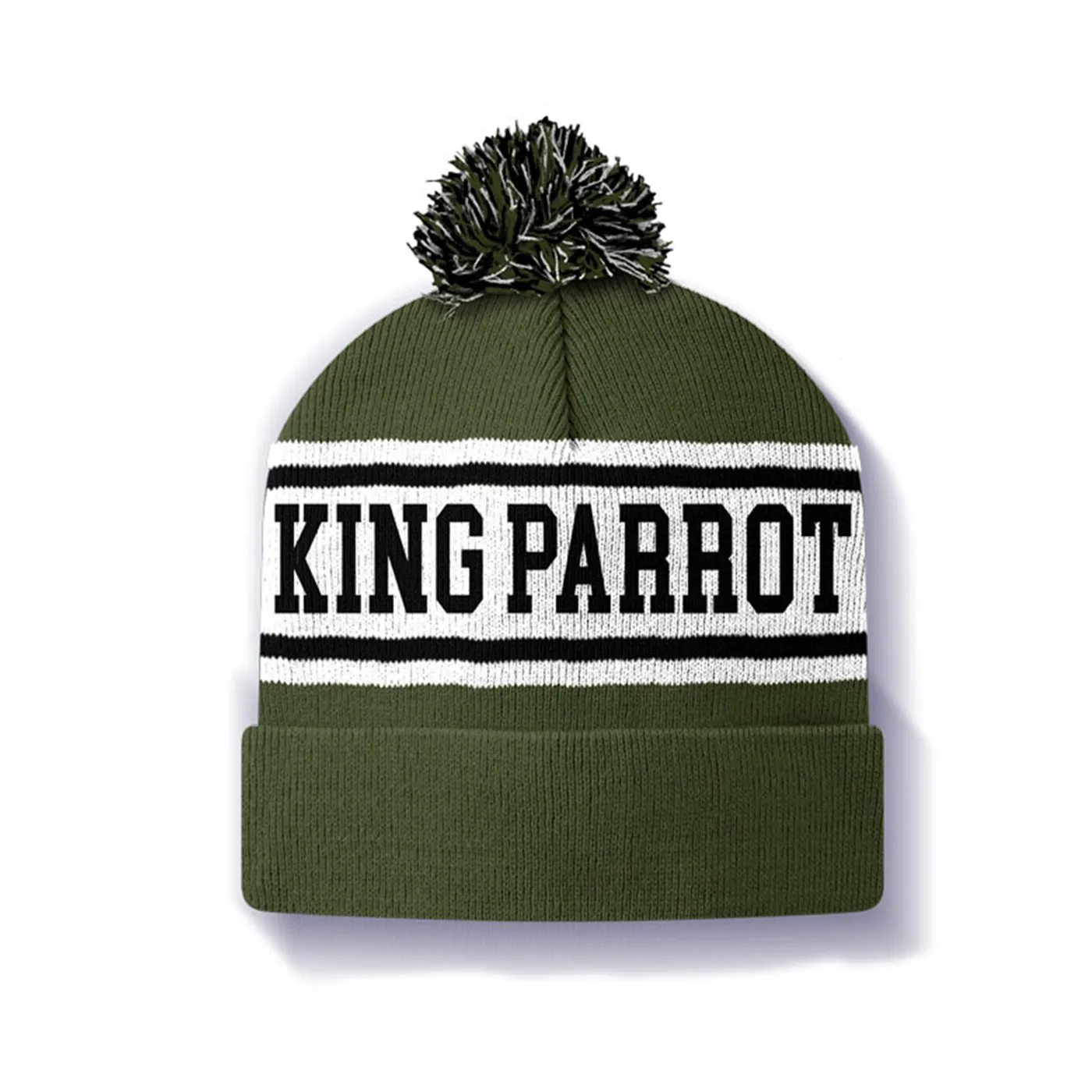 King Parrot Holed Up Pom Beanie (Army Green / White / Black)
