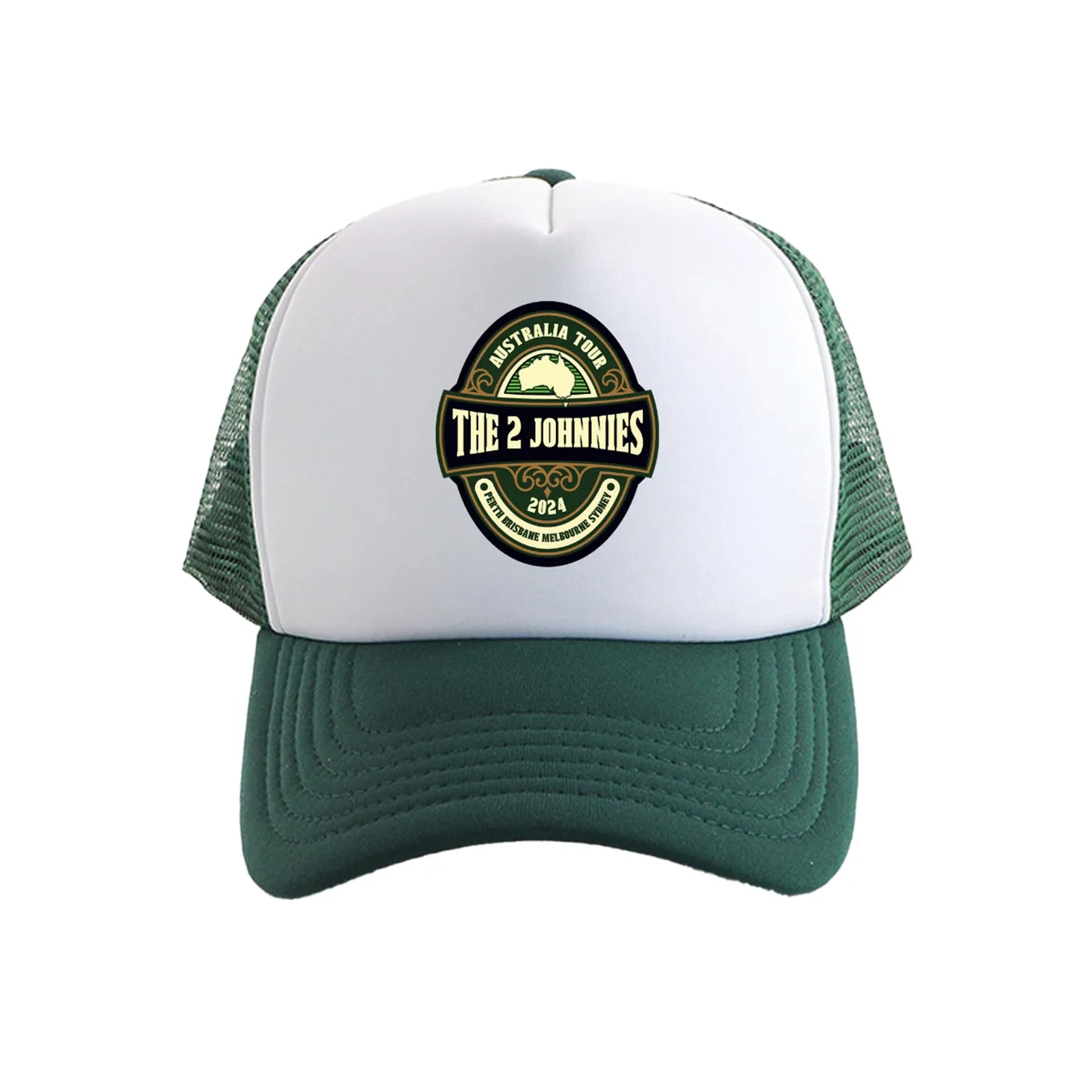 The 2 Johnnies 2024 Tour Stout Logo Trucker Hat (Green/White)