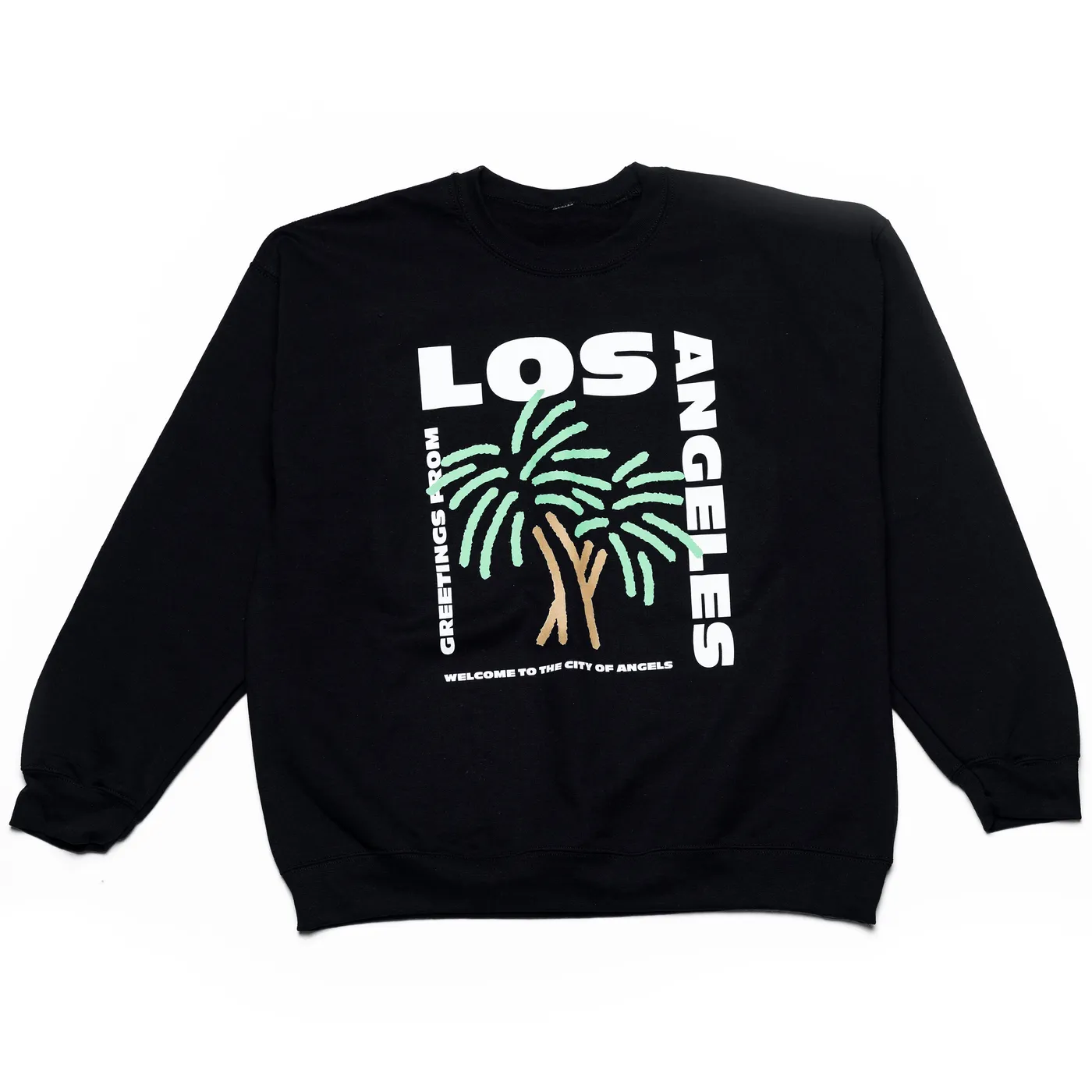 CustomCat Greetings from Los Angeles Palm Tree Postcard Stamp  Crewneck Sweatshirt