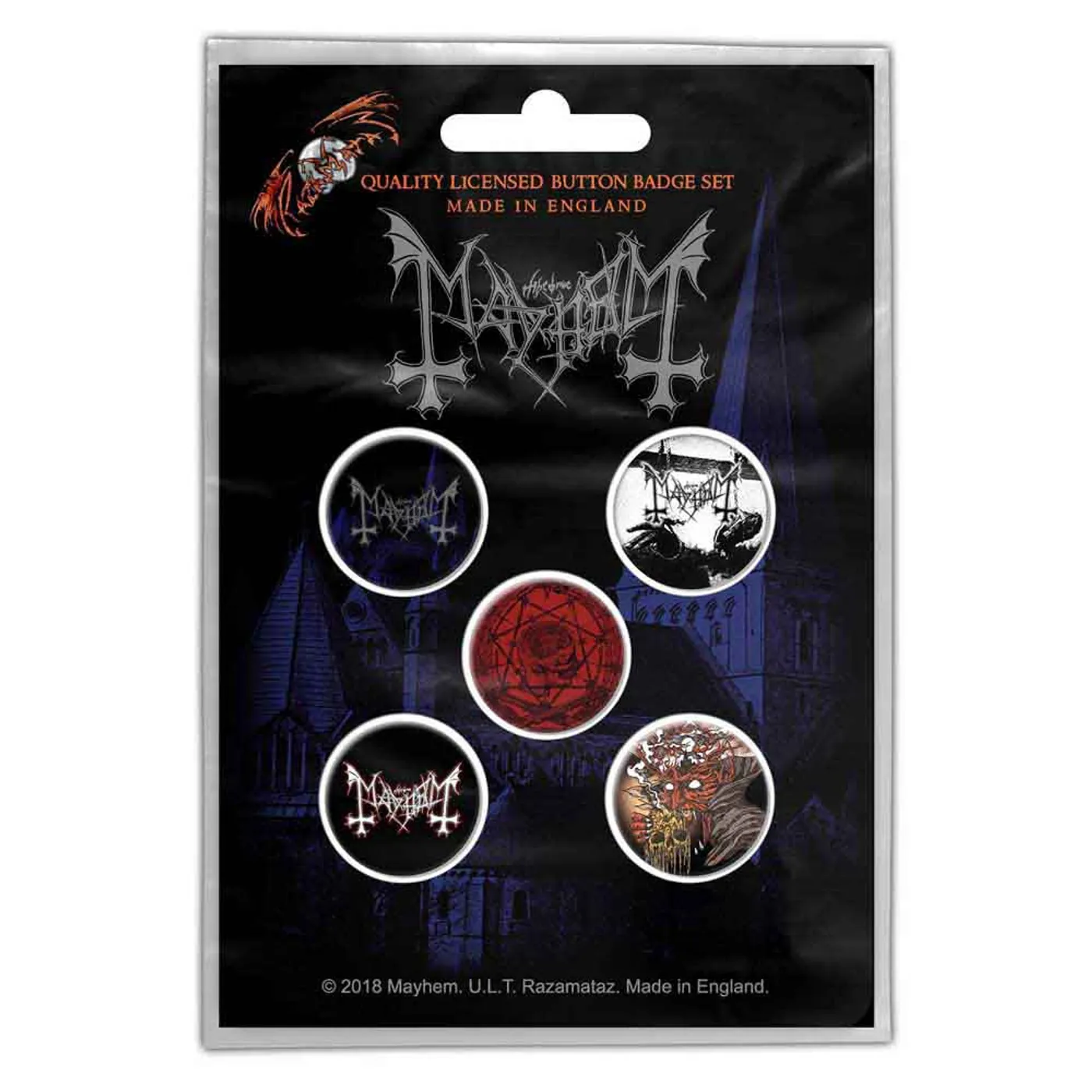 Mayhem Plastic Pin Badge - De Mysteriis Dom Sathanas