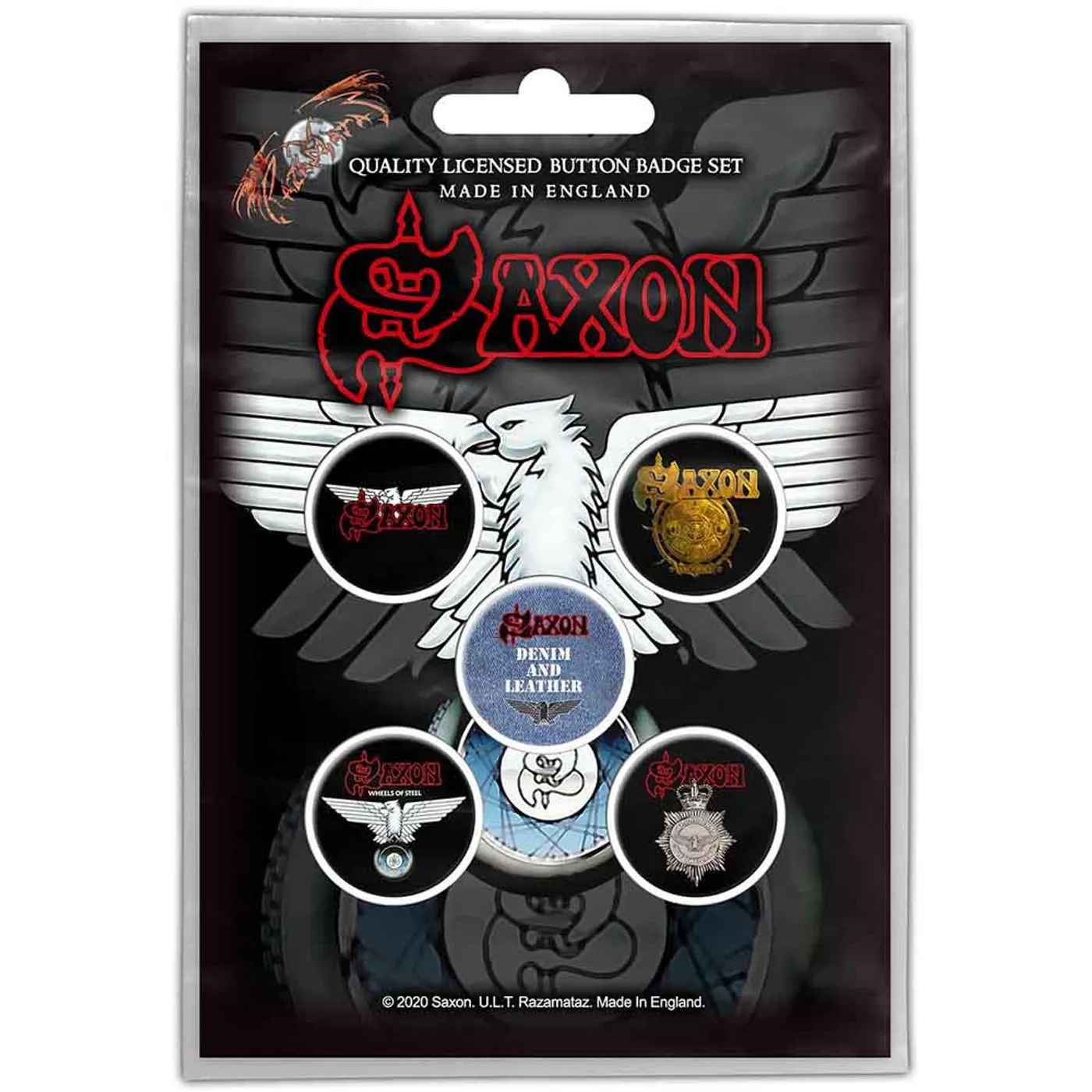 Saxon Plastic Pin Badge - Wheels Of Steel