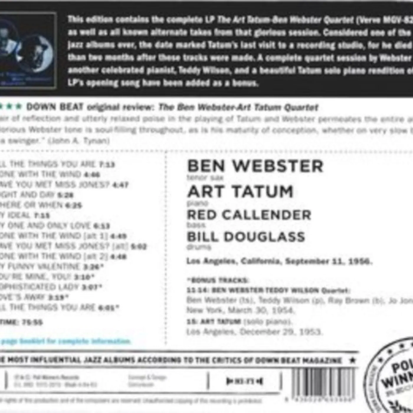 Ben Webster CD - Ben Webster - Art Tatum Quartet