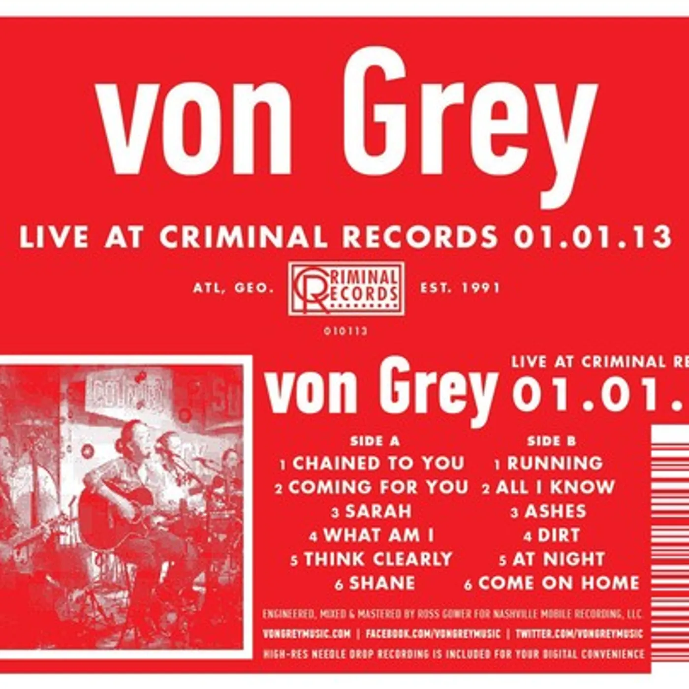 Von Grey LP Vinyl - Live At Criminal Records 01.01.13