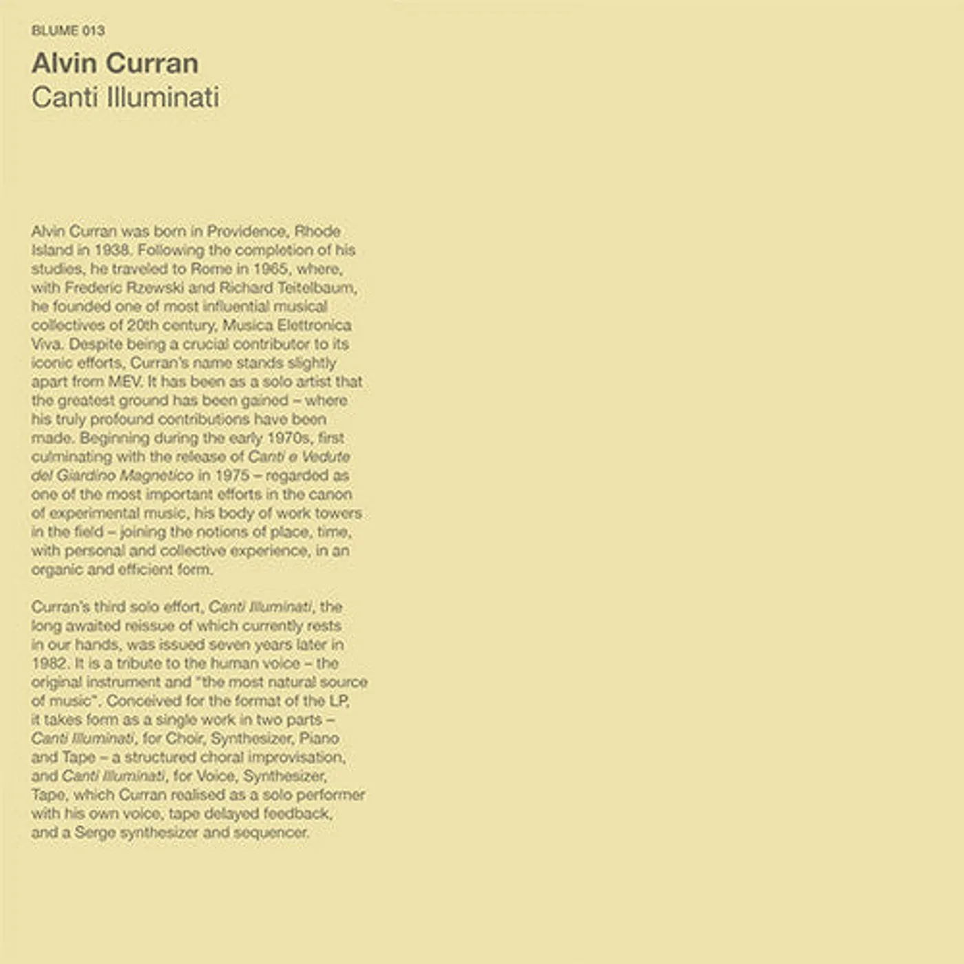 Alvin Curran LP Vinyl - Canti Illuminati