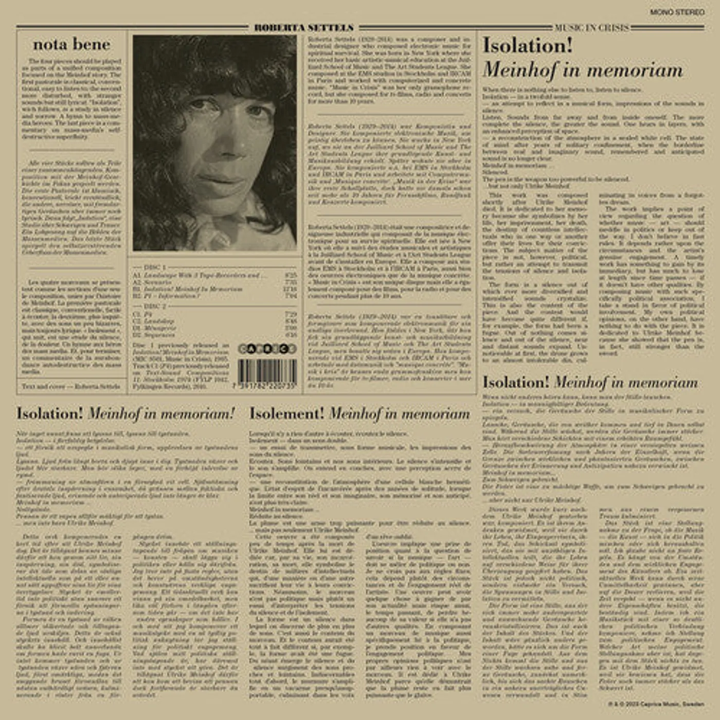 Roberta Settels LP Vinyl - Music In Crisis