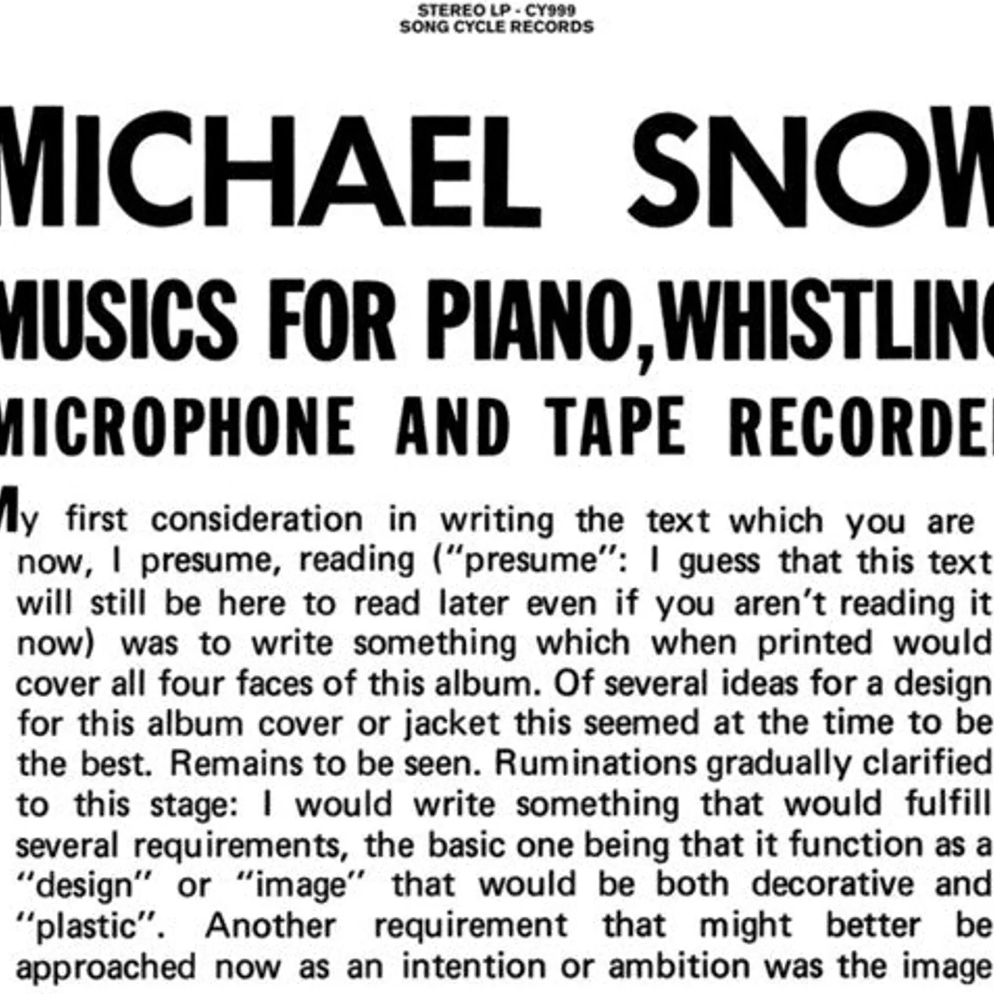 Michael Snow LP Vinyl - Musics For Piano Whistling Microphone & Tape