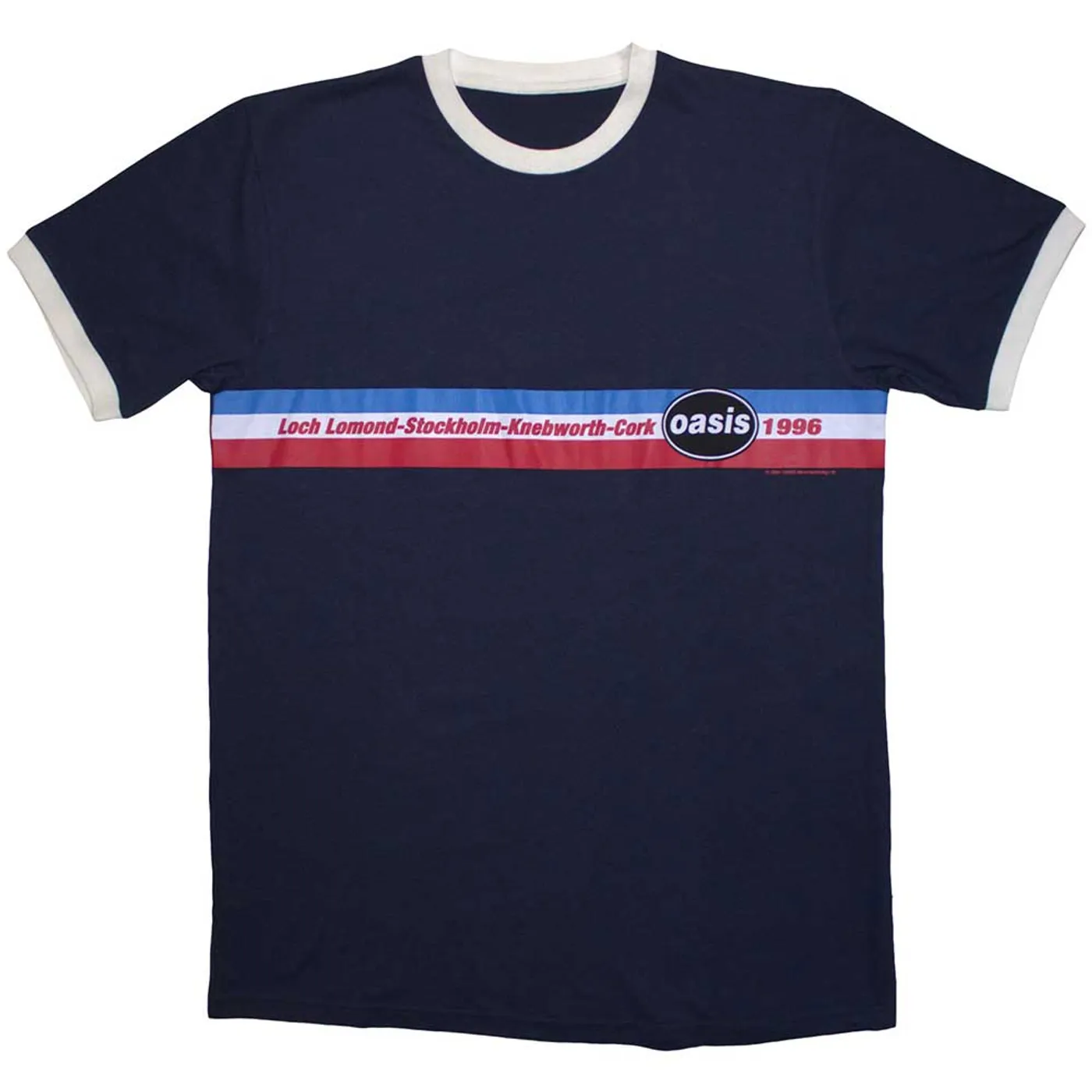 Oasis Navy T Shirt - 1996 Tour Horizontal Stripes Ringer