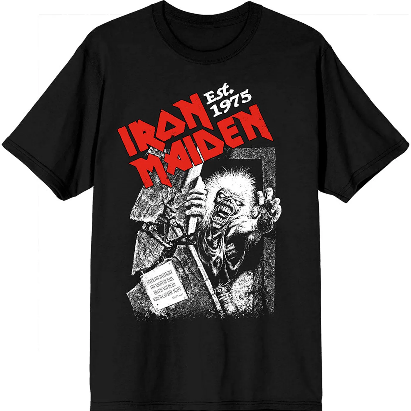 Iron Maiden T Shirt - Est. 1975 No Prayer Grave Red Logo