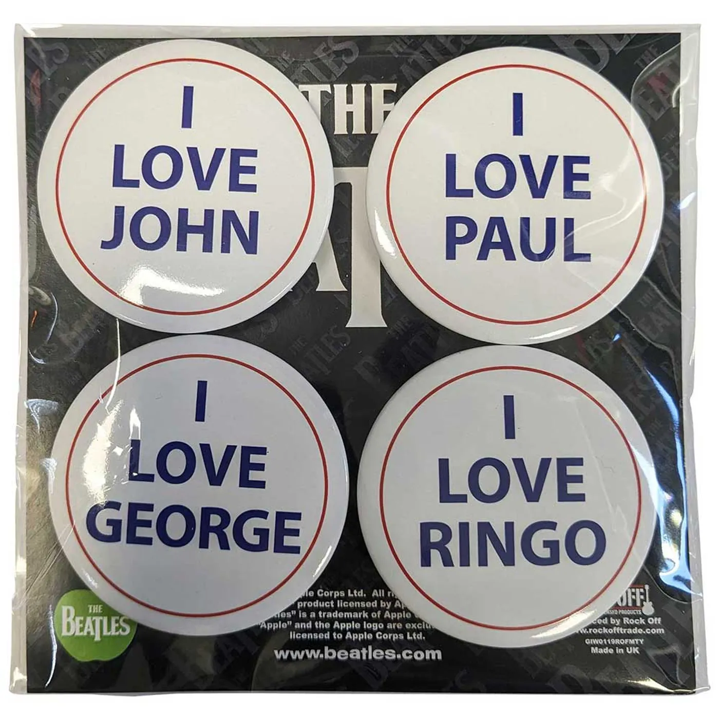 The Beatles Plastic Pin Badge - I Love 4 Pack Large