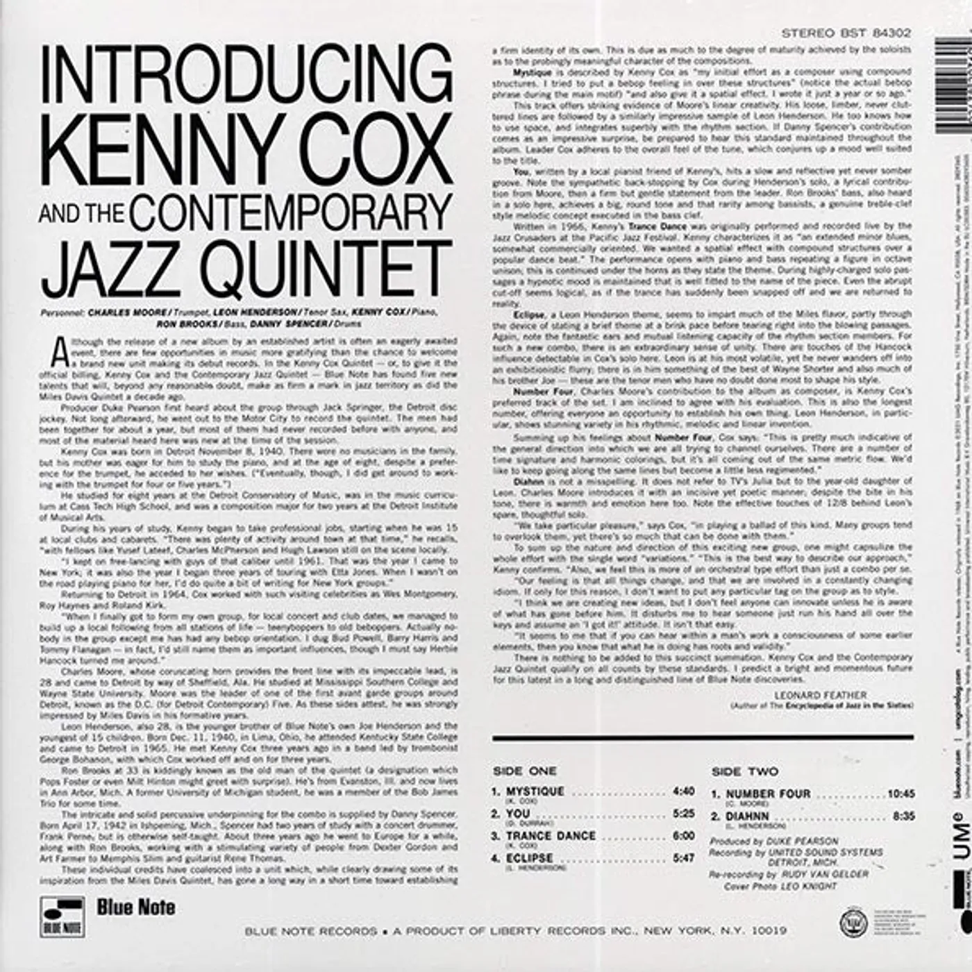 Kenny Cox & The Contempory Jazz Quintet  LP -  Introducing Kenny Cox & The Contempory Jazz Quintet (180g) (audiophile) (Vinyl)