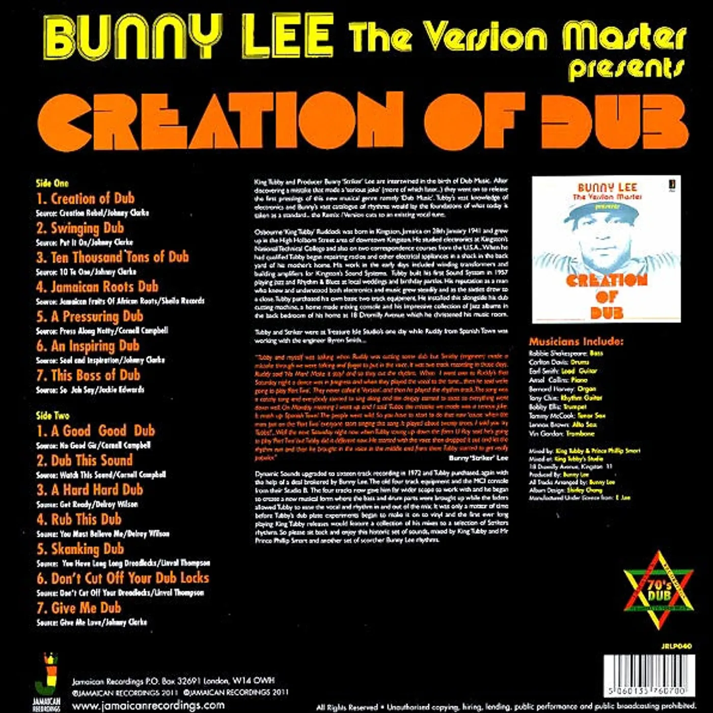Bunny Lee  LP -  Bunny Lee The Version Master Presents Creation Of Dub (180g) (Vinyl)