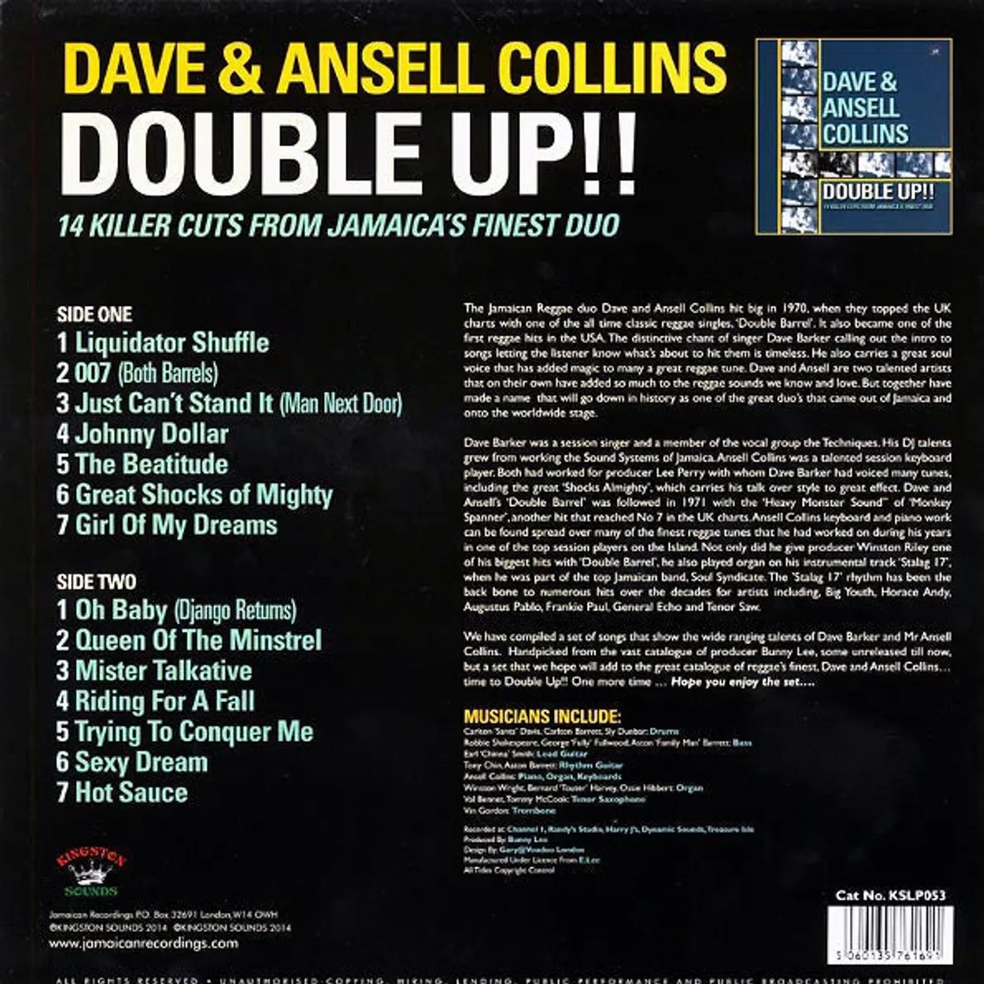 Dave & Ansel Collins  LP -  Double Up!! 18 Killer Cuts From Jamaica's Finest Duo (180g) (Vinyl)