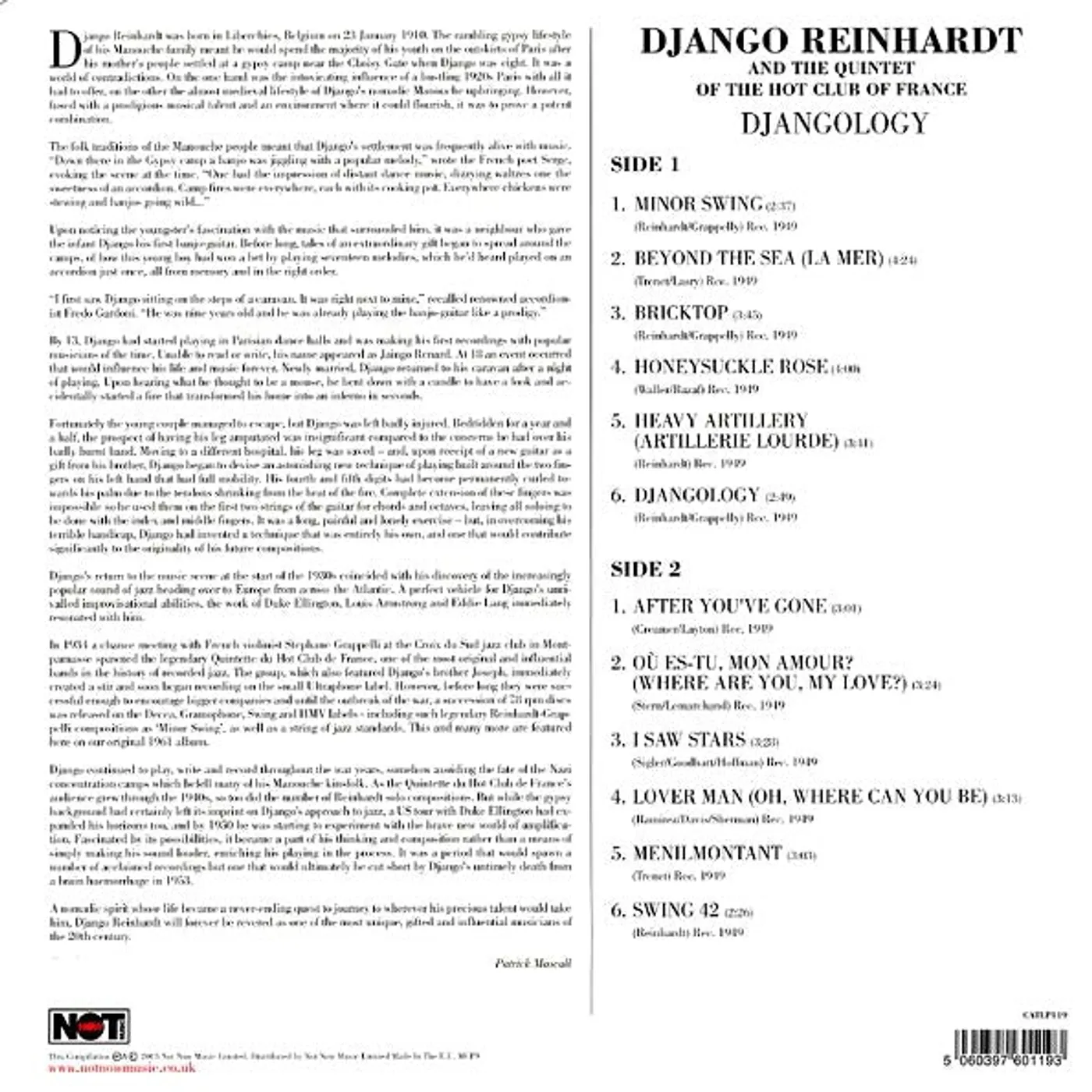 Django Reinhardt & The Quintet Of The Hot Club Of France  LP -  Djangology (180g) (Vinyl)
