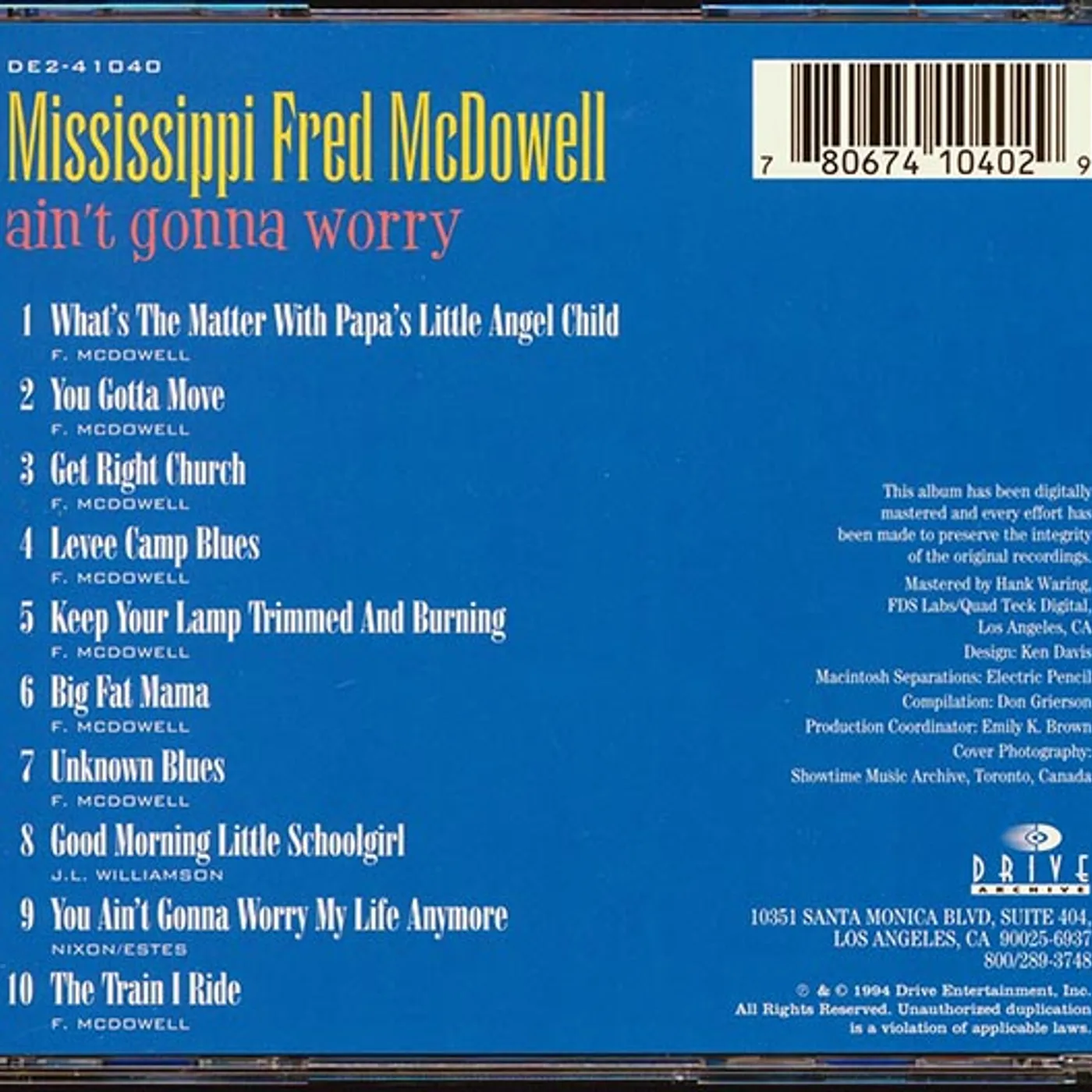 Mississippi Fred McDowell  CD -  Ain't Gonna Worry