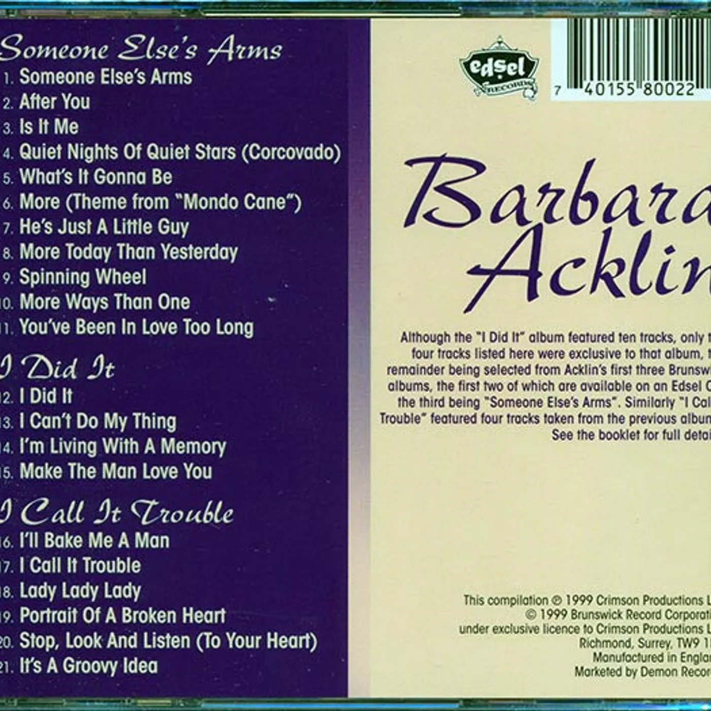 Barbara Acklin  CD -  Someone Else's Arms + I Did It + I Call It Trouble (21 tracks)