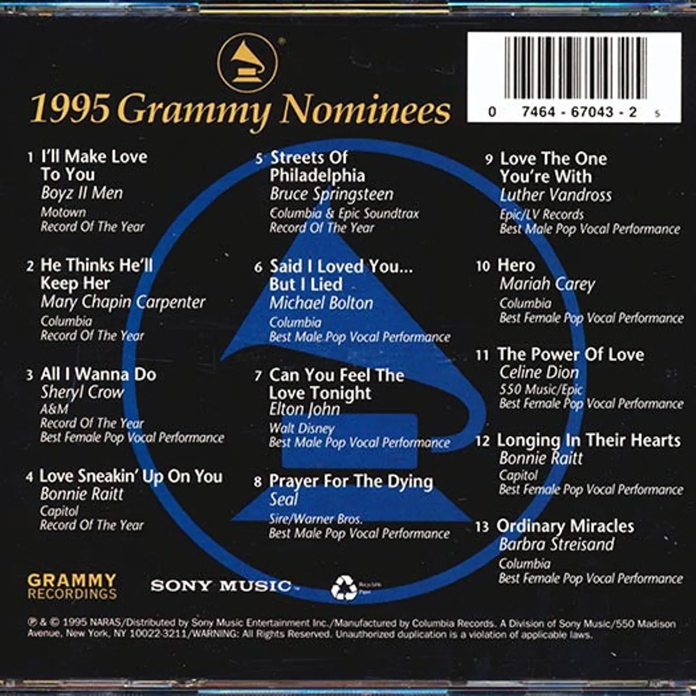 Boyz II Men, Elton John, Mariah Carey, Celine Dion, Bruce Springsteen, Etc.  CD -  1995 Grammy Nominees