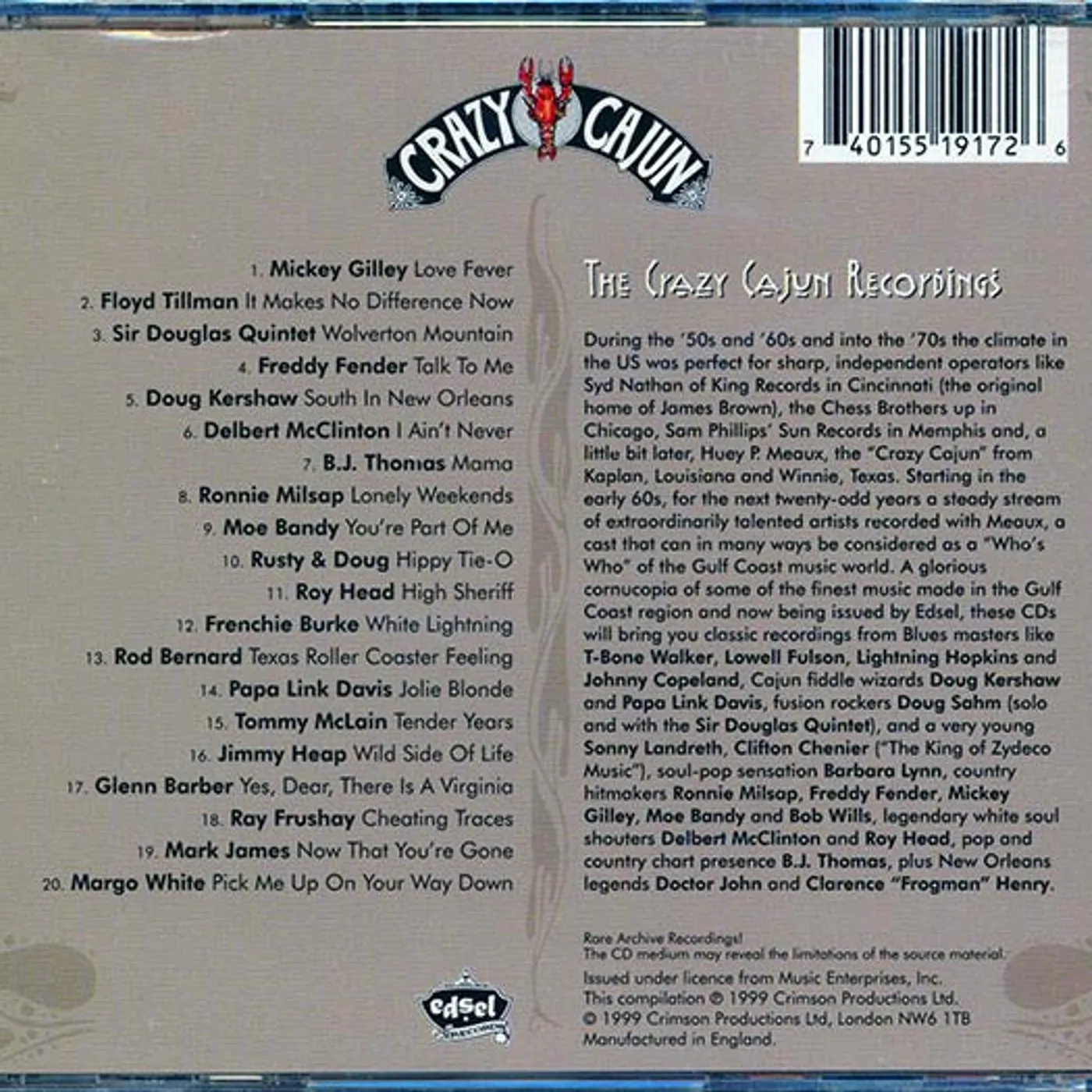Freddy Fender, Ronnie Milsap, Floyd Tillman, Etc.  CD -  Choice Appetizers: The Crazy Cajun Country Sampler (20 tracks)