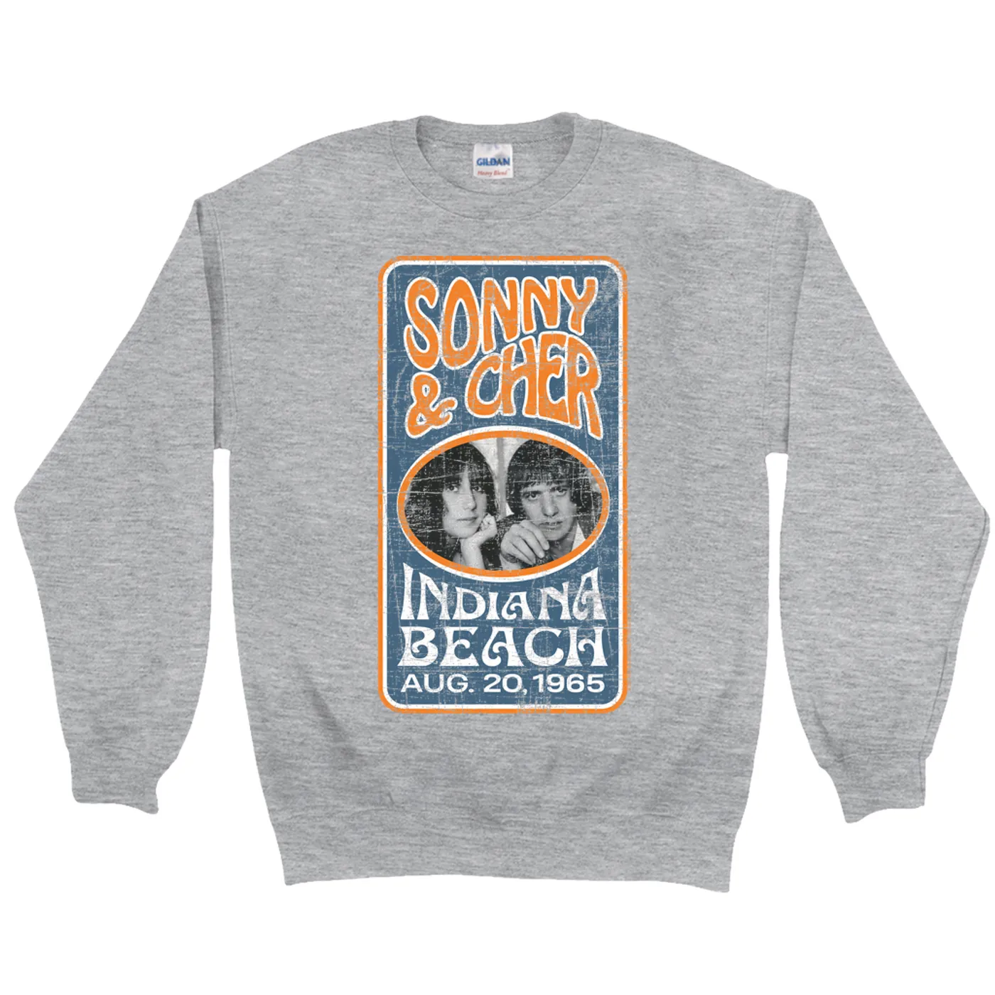 Sonny & Cher Sweatshirt | Indiana Beach Vertical Concert Banner Distressed Sonny And Cher Sweatshirt