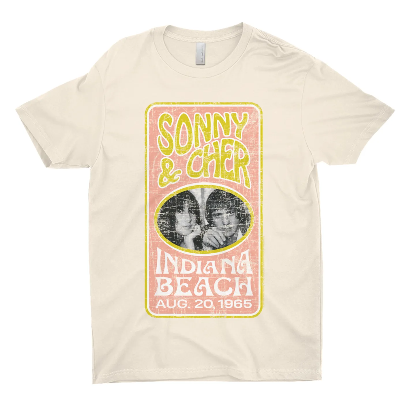 Sonny & Cher T-Shirt | Indiana Beach Peach And Avocado Concert Banner Distressed Sonny And Cher Shirt (Merchbar Exclusive)
