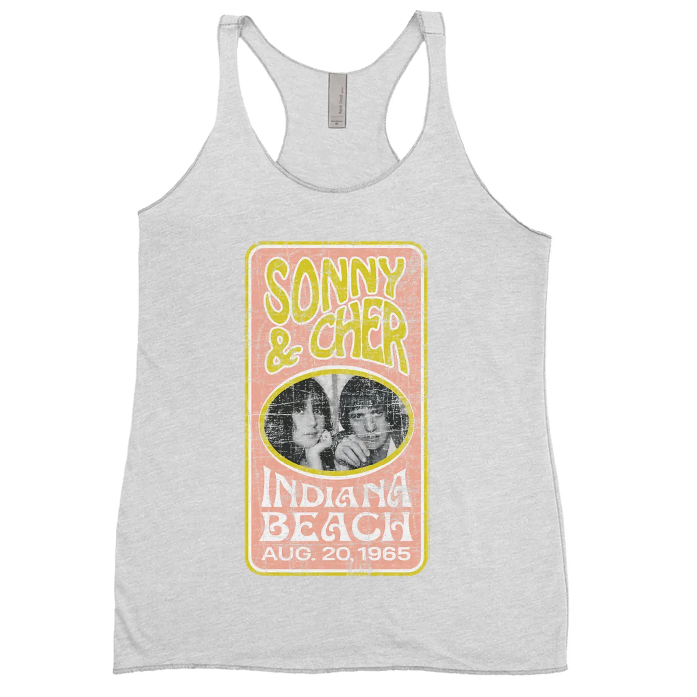 Sonny & Cher Ladies' Tank Top | Indiana Beach Peach And Avocado Concert Banner Distressed Sonny and Cher Shirt (Merchbar Exclusive)