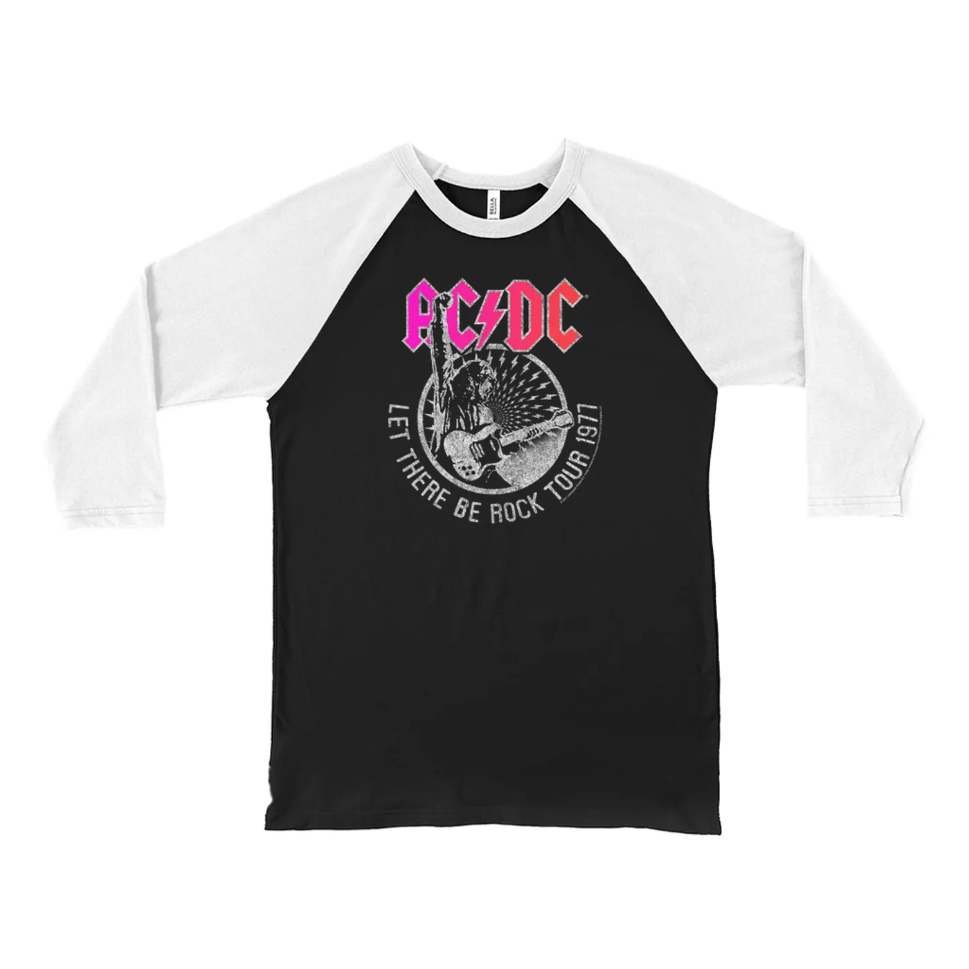 AC/DC 3/4 Sleeve Baseball Tee | Let There Be Rock Tour 1977 Silver Bling Design ACDC Shirt (Merchbar Exclusive)