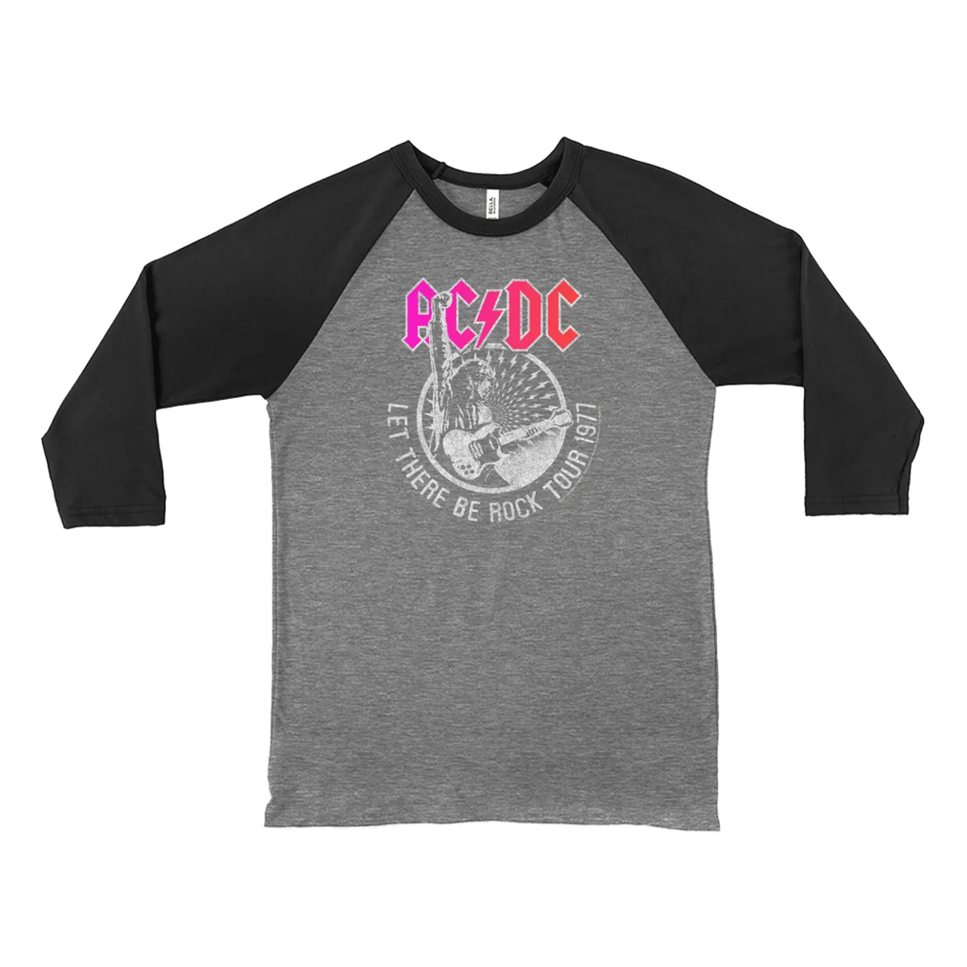 AC/DC 3/4 Sleeve Baseball Tee | Let There Be Rock Tour 1977 Silver Bling Design ACDC Shirt (Merchbar Exclusive)