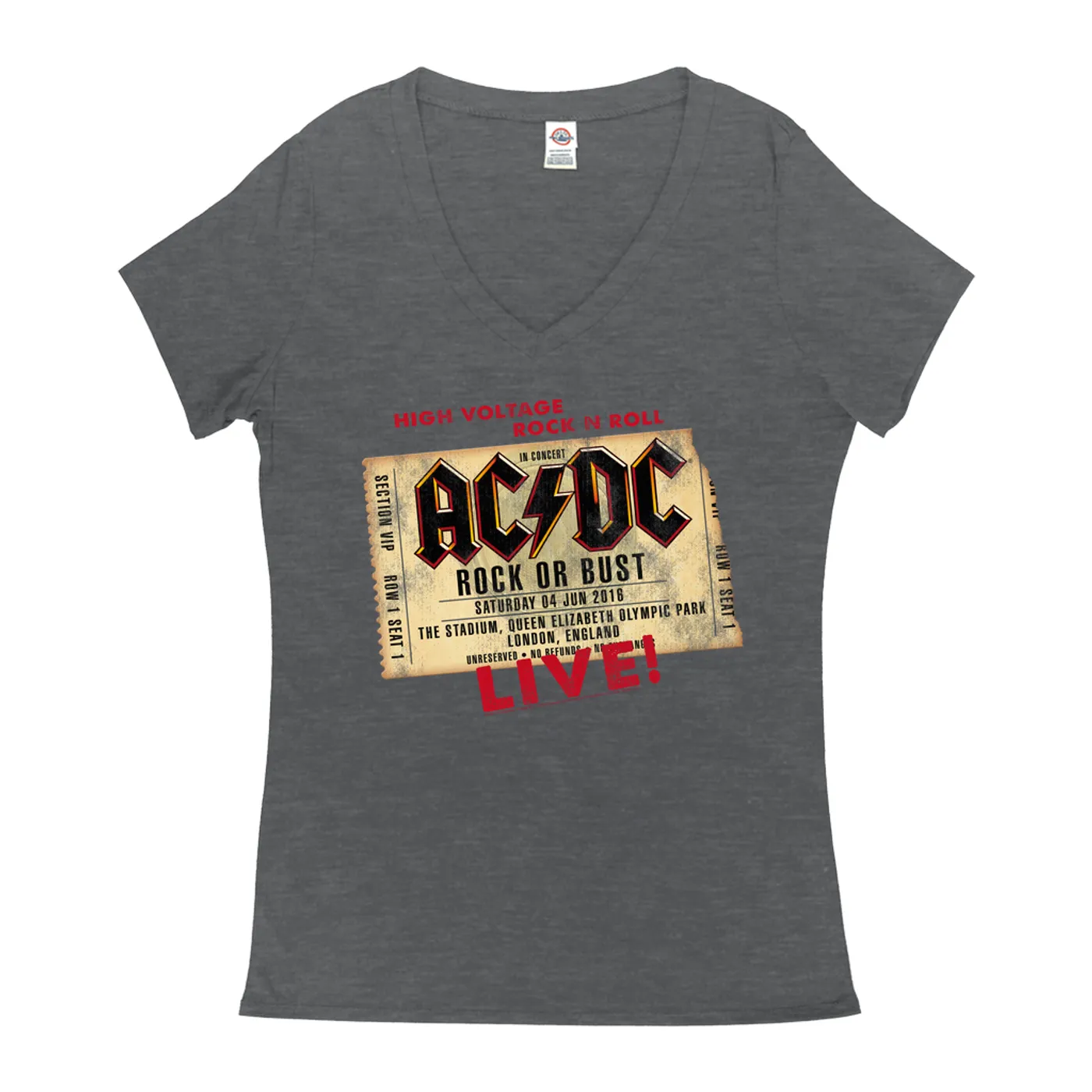 AC/DC Ladies' V-neck T-Shirt | Rock or Bust London England Concert Ticket ACDC Shirt