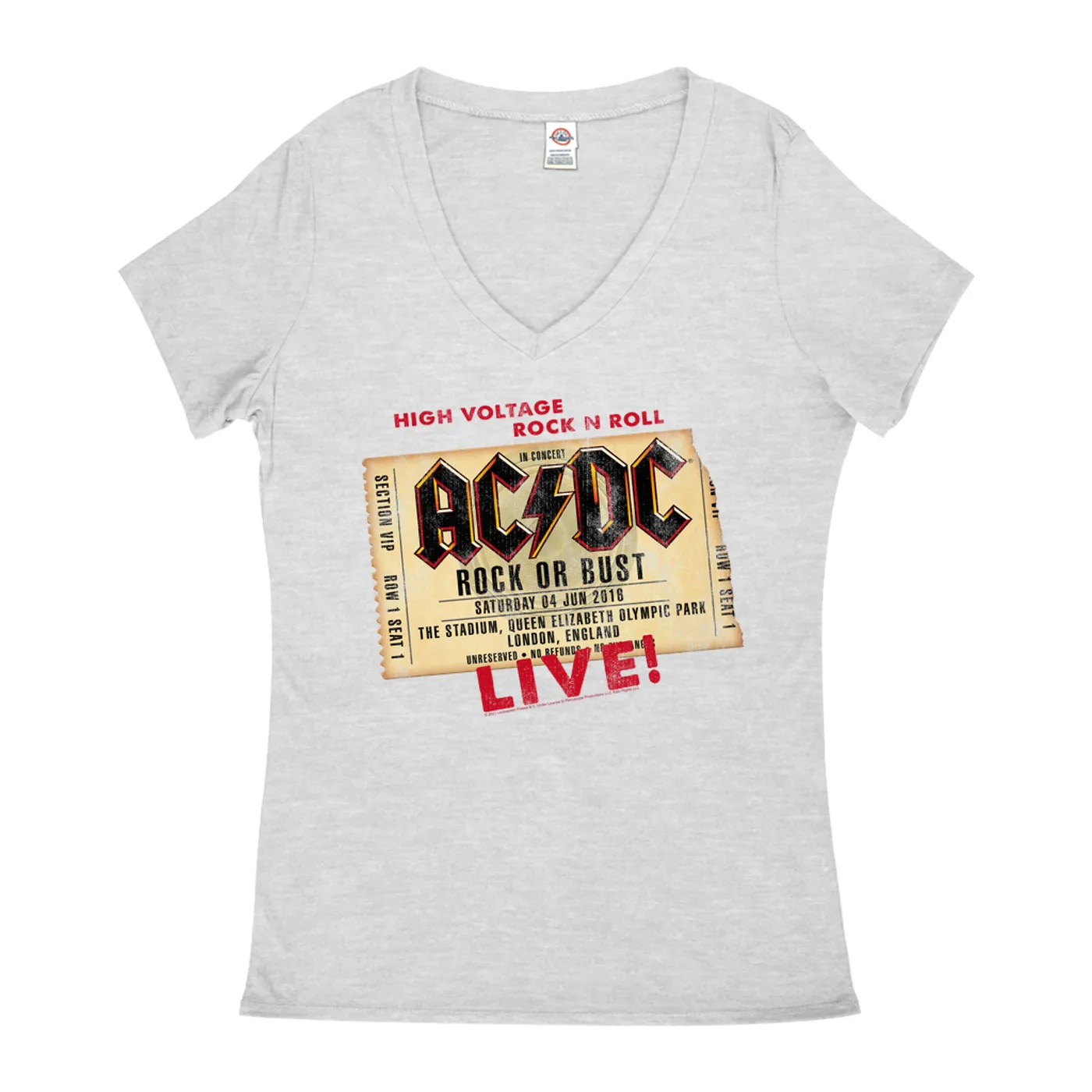 AC/DC Ladies' V-neck T-Shirt | Rock or Bust London England Concert Ticket ACDC Shirt
