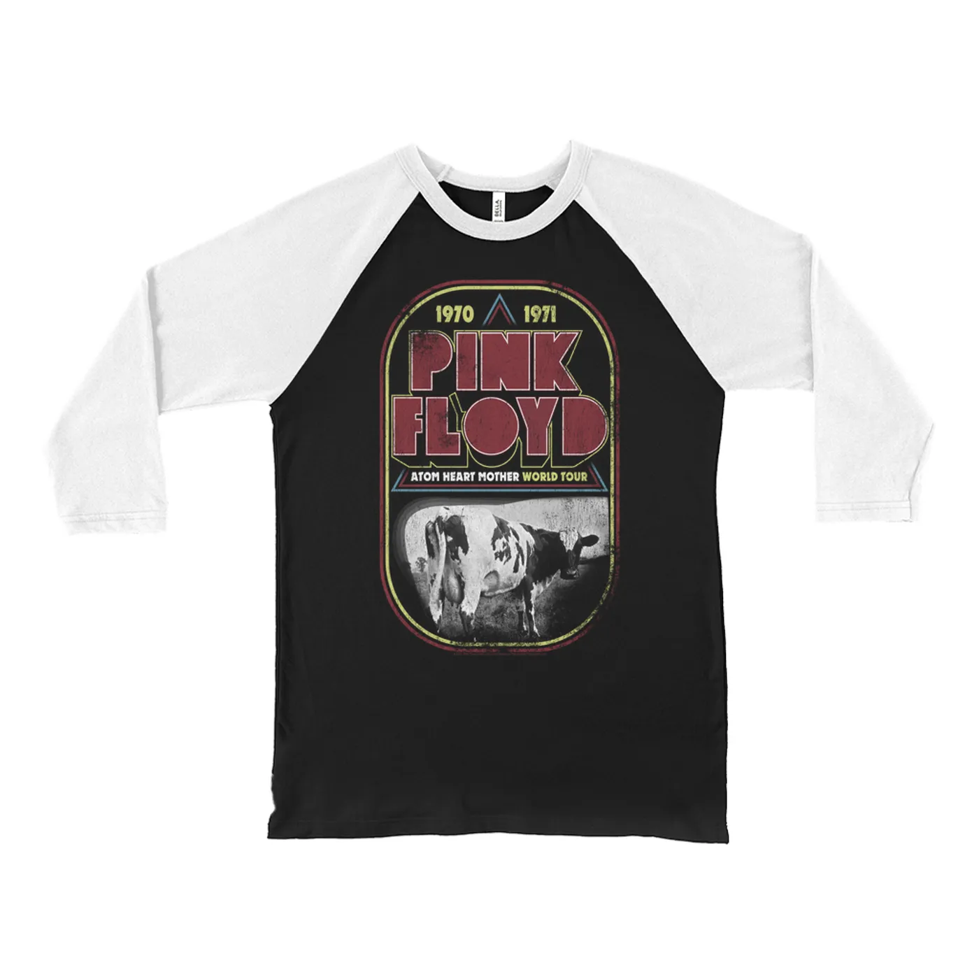 Pink Floyd 3/4 Sleeve Baseball Tee | Atom Heart Mother World Tour Design Distressed Pink Floyd Shirt