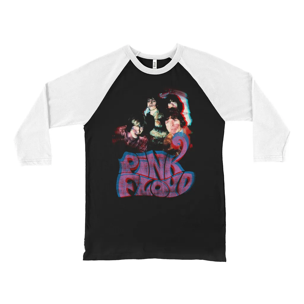 Pink Floyd 3/4 Sleeve Baseball Tee | Retro Group Photo And Logo Pink Floyd Shirt (Equineop Exclusive)